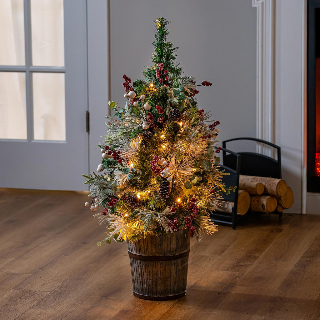 32" Woodland LED Potted Christmas Tree – Frosted Holly Lighted Holiday Decoration for Indoor & Outdoor Use