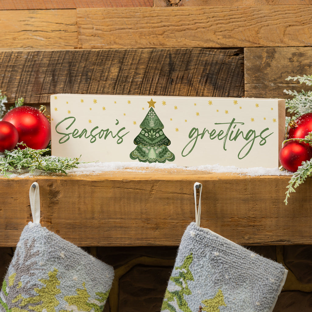 18"x 5" “ Season's Greetings ” Green Mantel Sign – Festive Wooden Christmas Decor for Holiday Homes