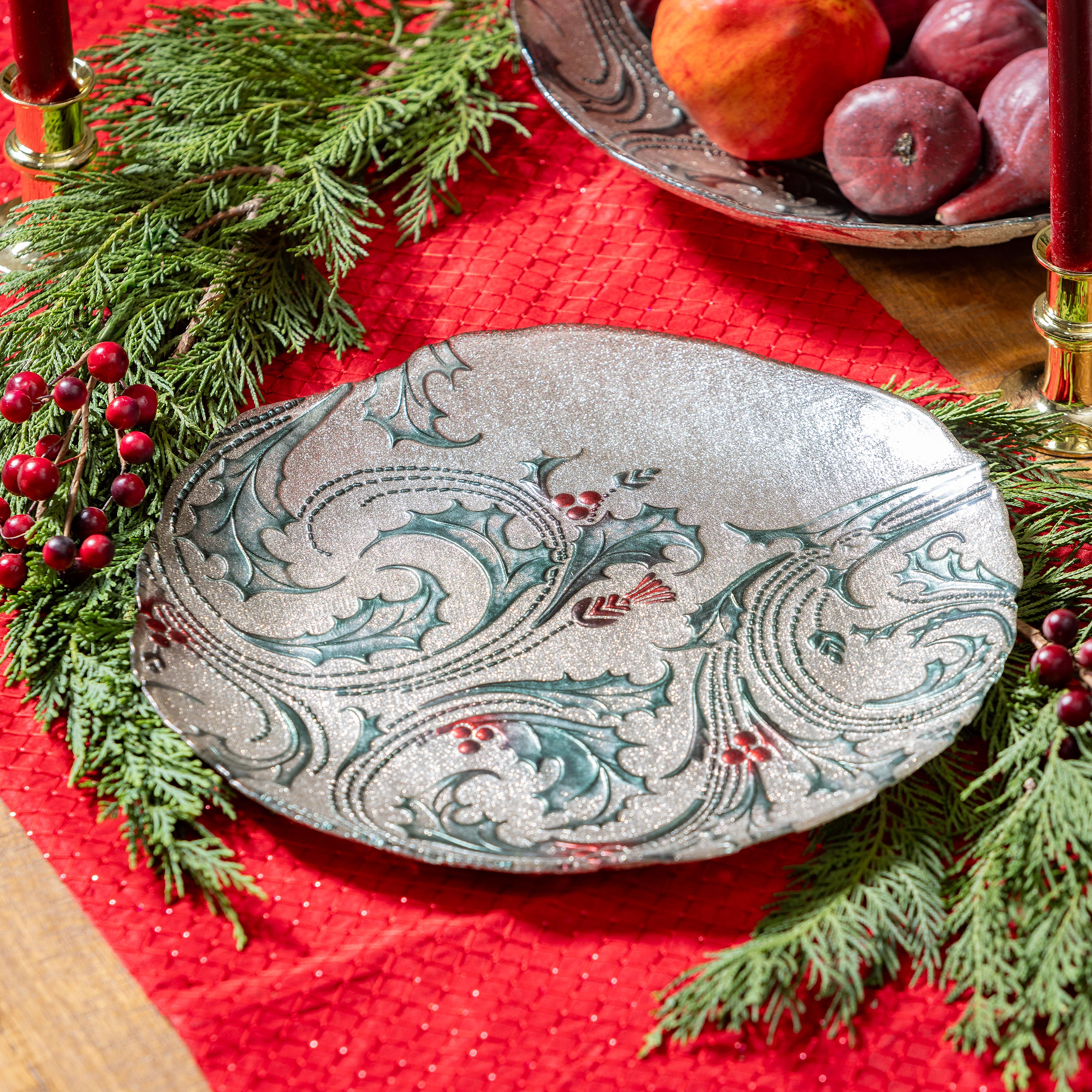 12.5" Joyful Traditions Holly Glass  Christmas Serving Plate – Elegant Christmas Tableware for Holiday Entertaining