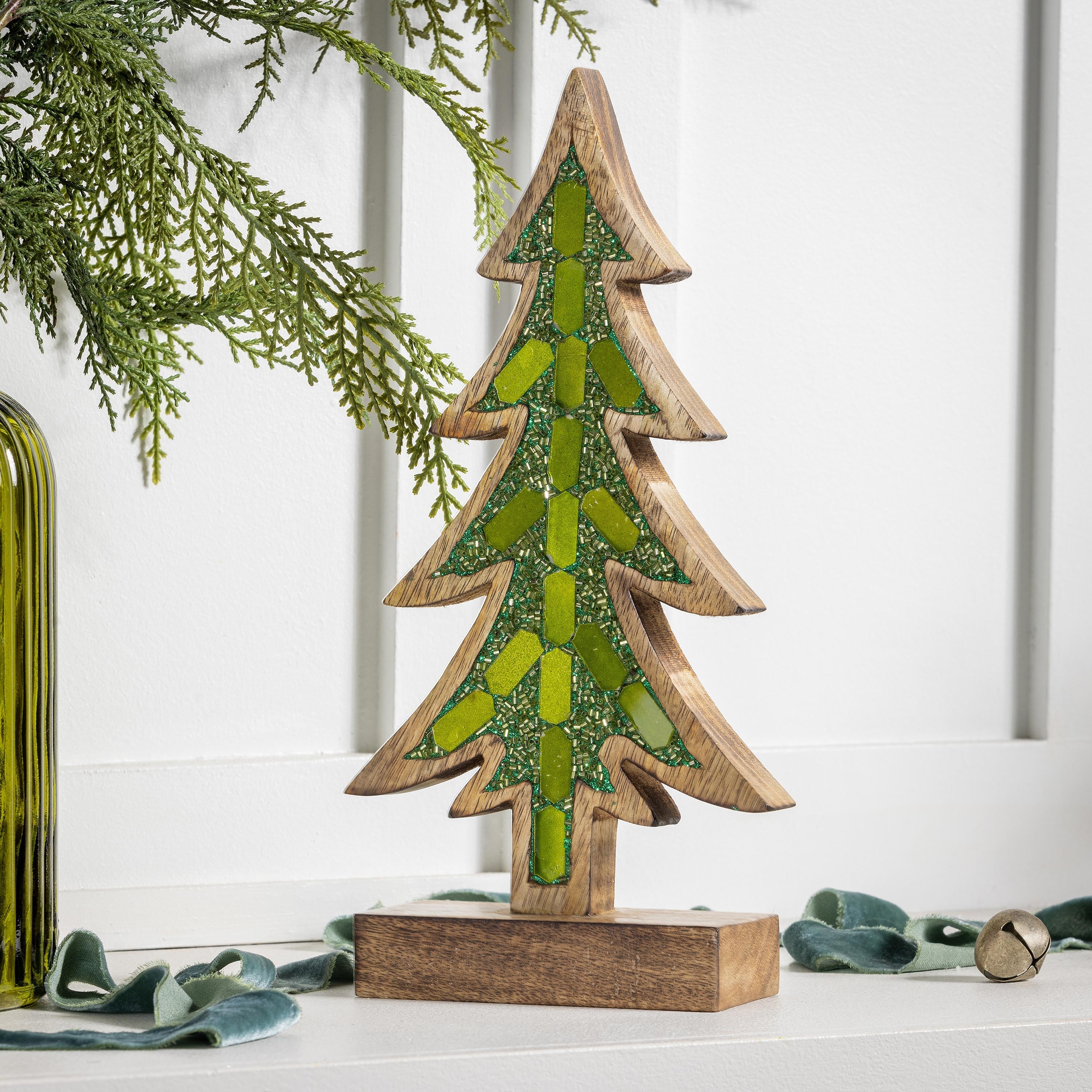 12.25" Green Wooden Christmas Tree – Elegant Decorative Holiday Accent for Tabletop or Mantel