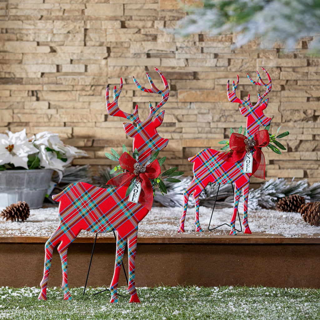 Set of 2 Metal Poinsettia Reindeer Garden Christmas Statues – 32" Lighted Christmas Yard Decorations