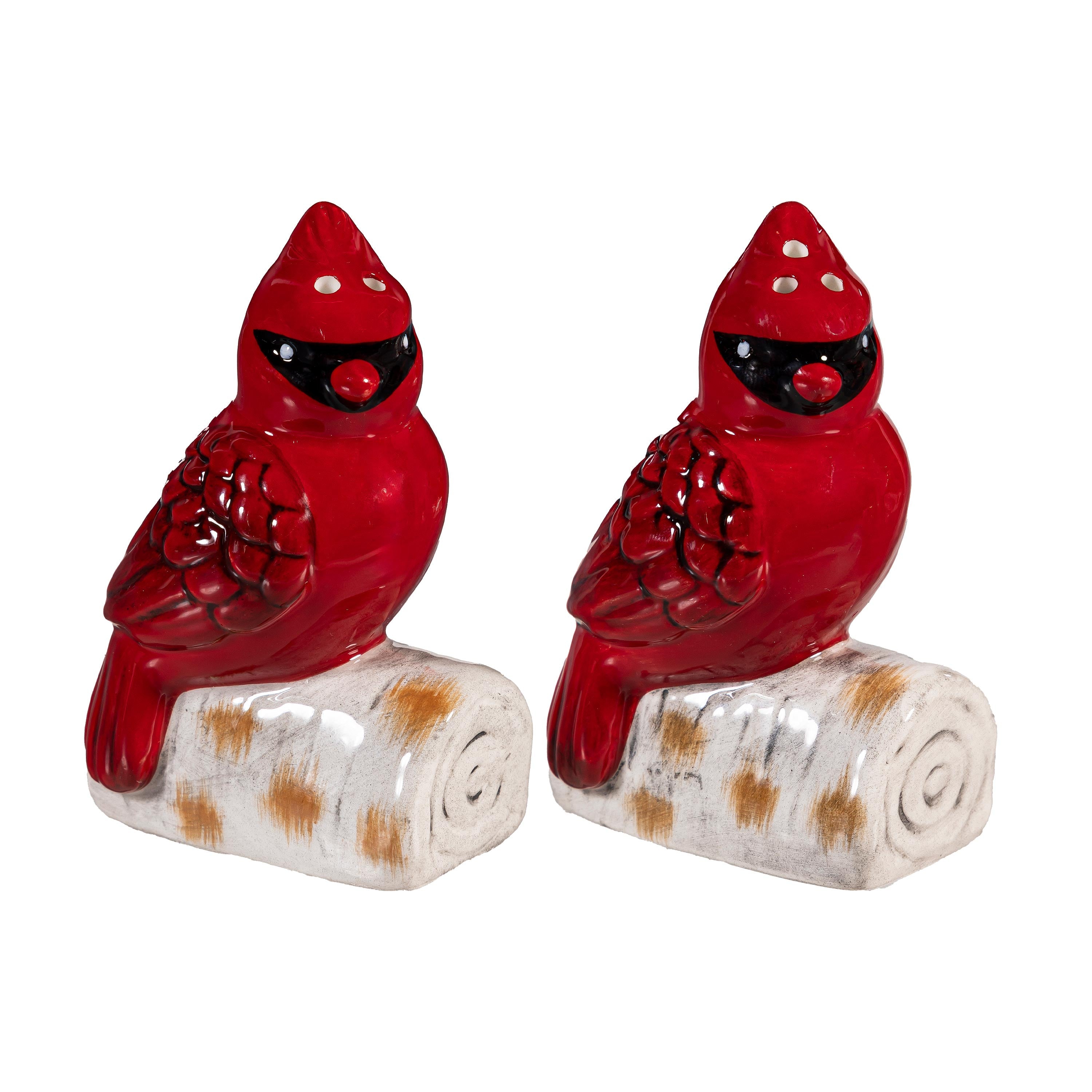 Christmas Salt & Pepper Shaker Set – Ceramic Poinsettia and Cardinal on Log, 2-Piece Holiday Table Décor