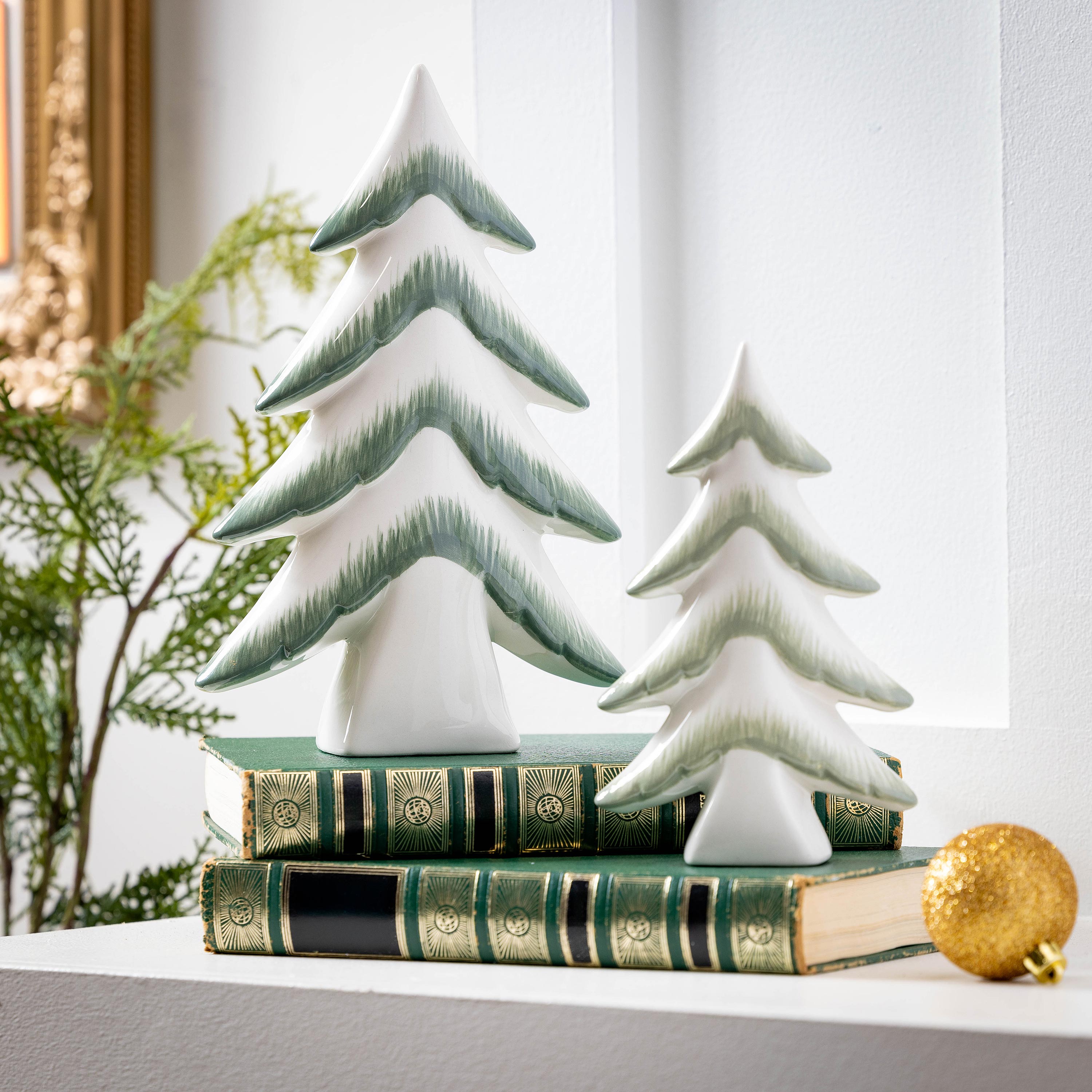 Set of 2 Green Ceramic Christmas Trees – Elegant Tabletop Decorations for Natural Holiday Décor