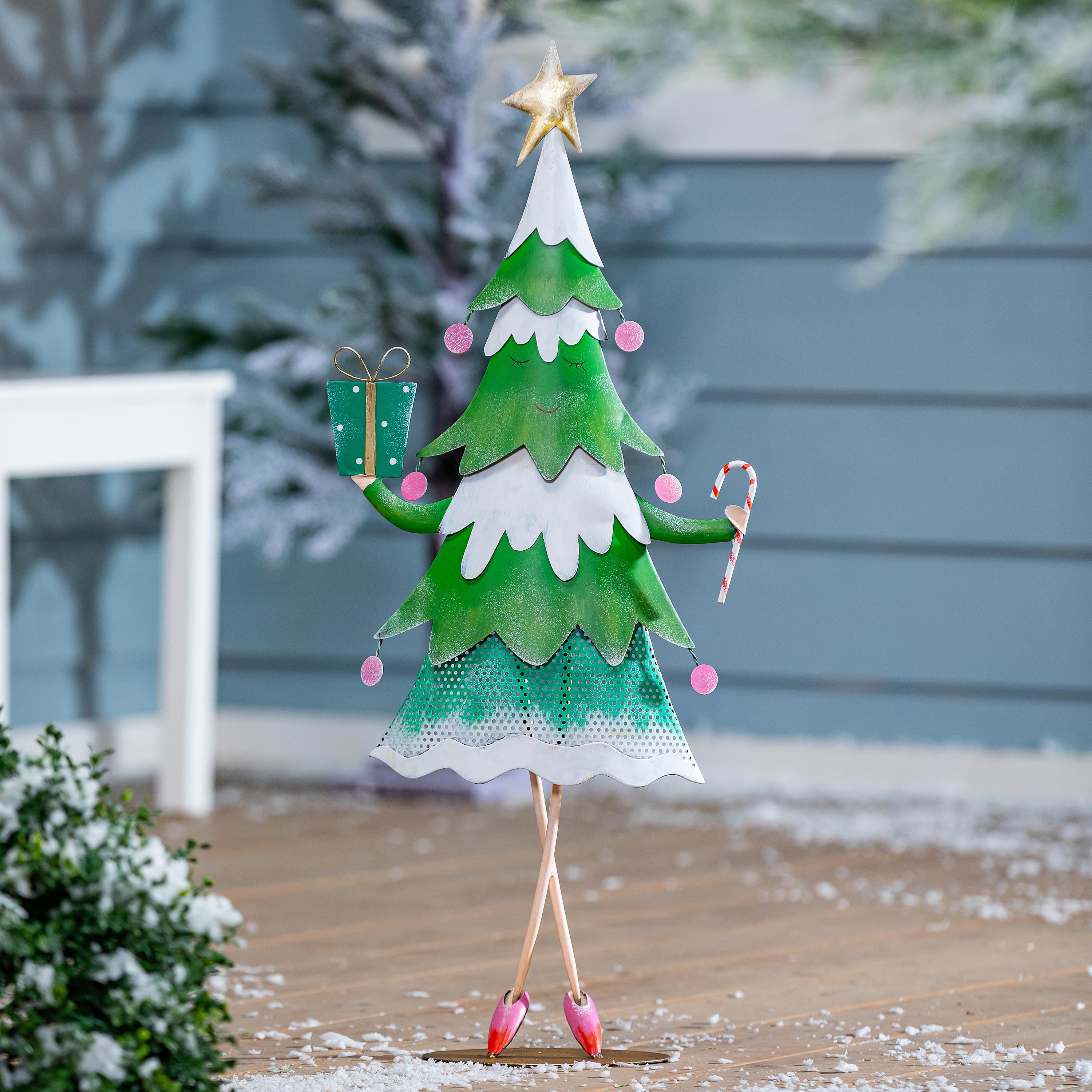 30.5" Metal Christmas Garden Christmas Statue – Baking Spirits Bright Holiday Decoration with Green Tree