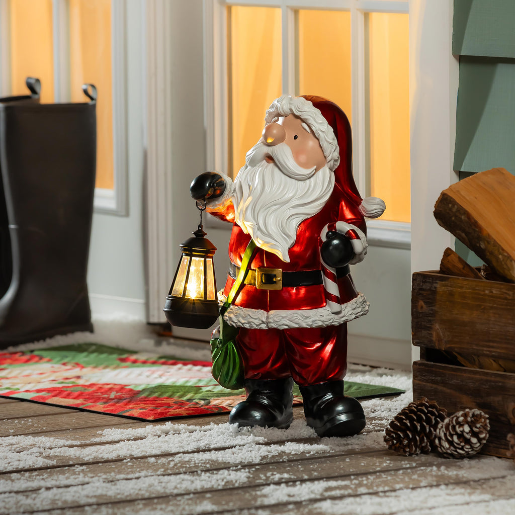 18" Retro Resin Santa Garden Christmas Statue with LED Lantern – Vintage Lighted Christmas Decoration