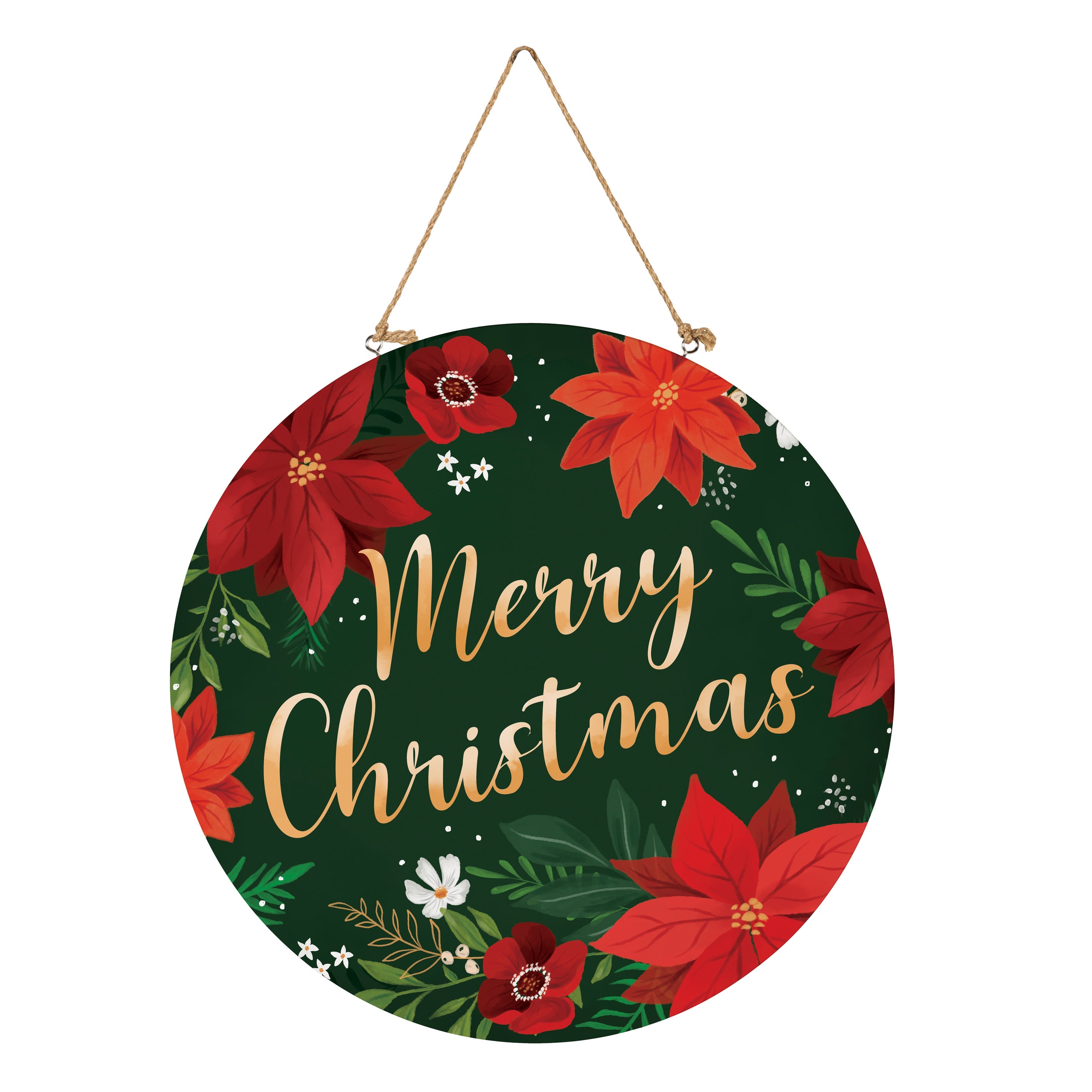 18" Wooden “Merry Christmas” Door Sign – Poinsettia Holiday Decoration for Front Door