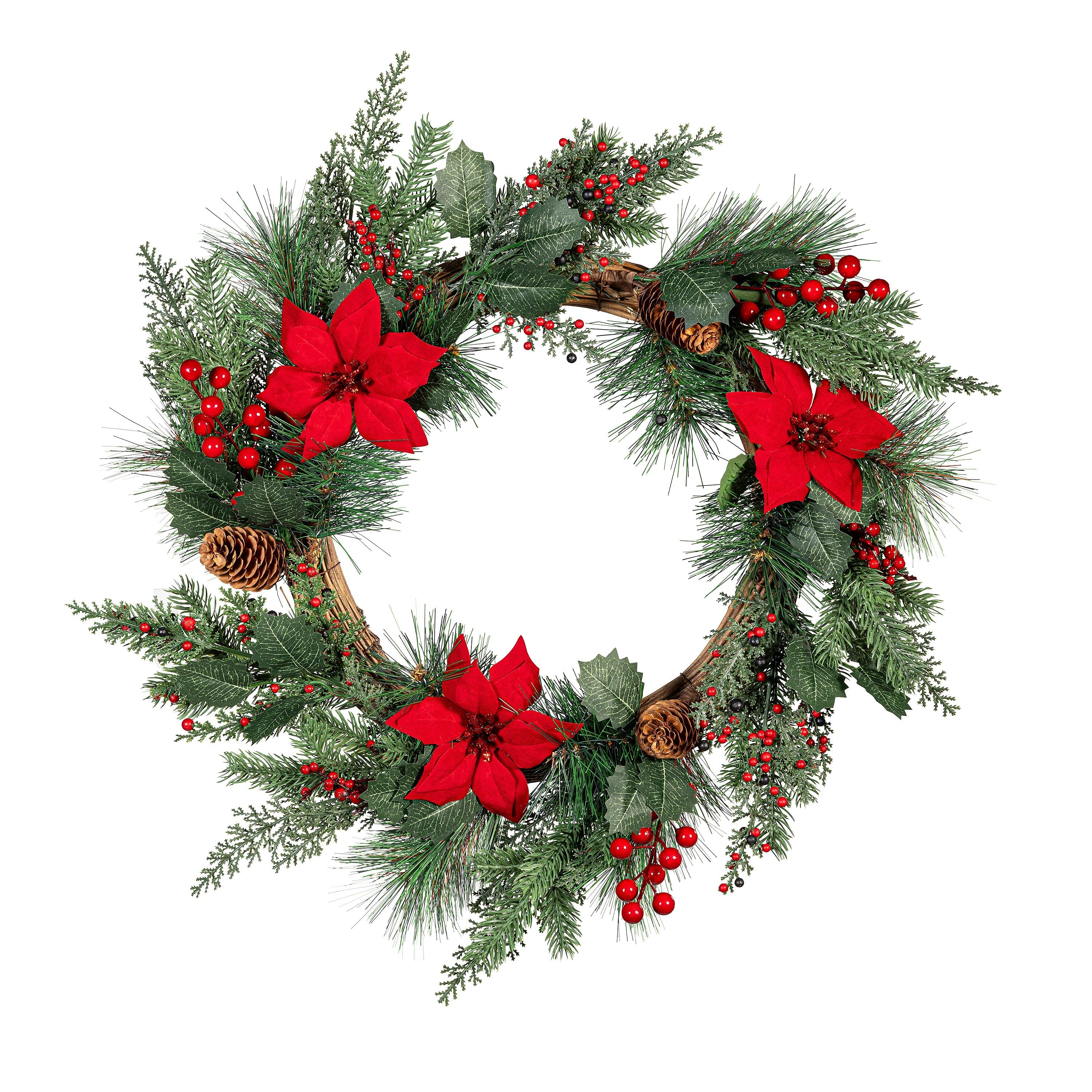 20" Poinsettia Christmas Wreath with Ornaments – Festive Artificial Holiday Door Decoration