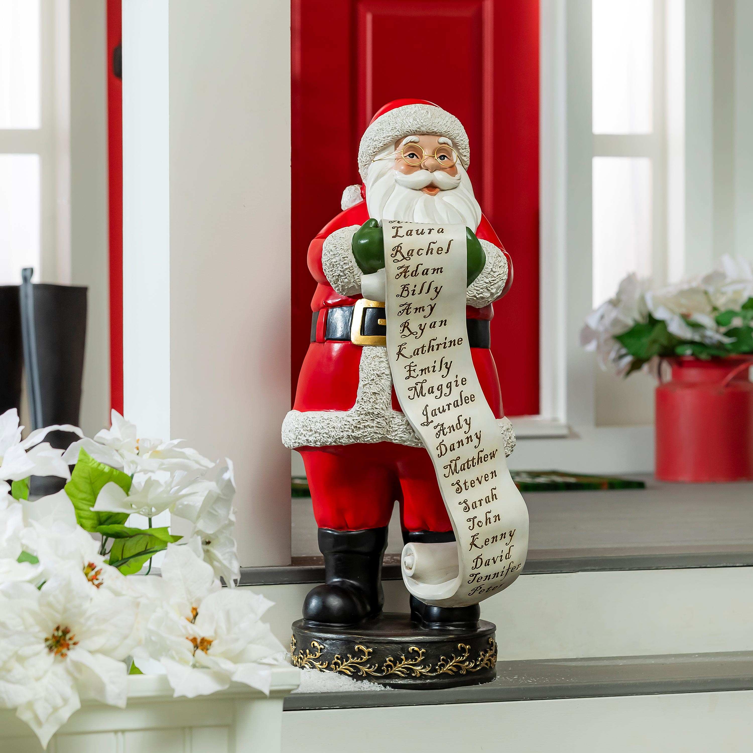 32" Resin Santa Garden Christmas  Statue with Poinsettias – Festive Christmas Decoration for Indoor & Outdoor Displays