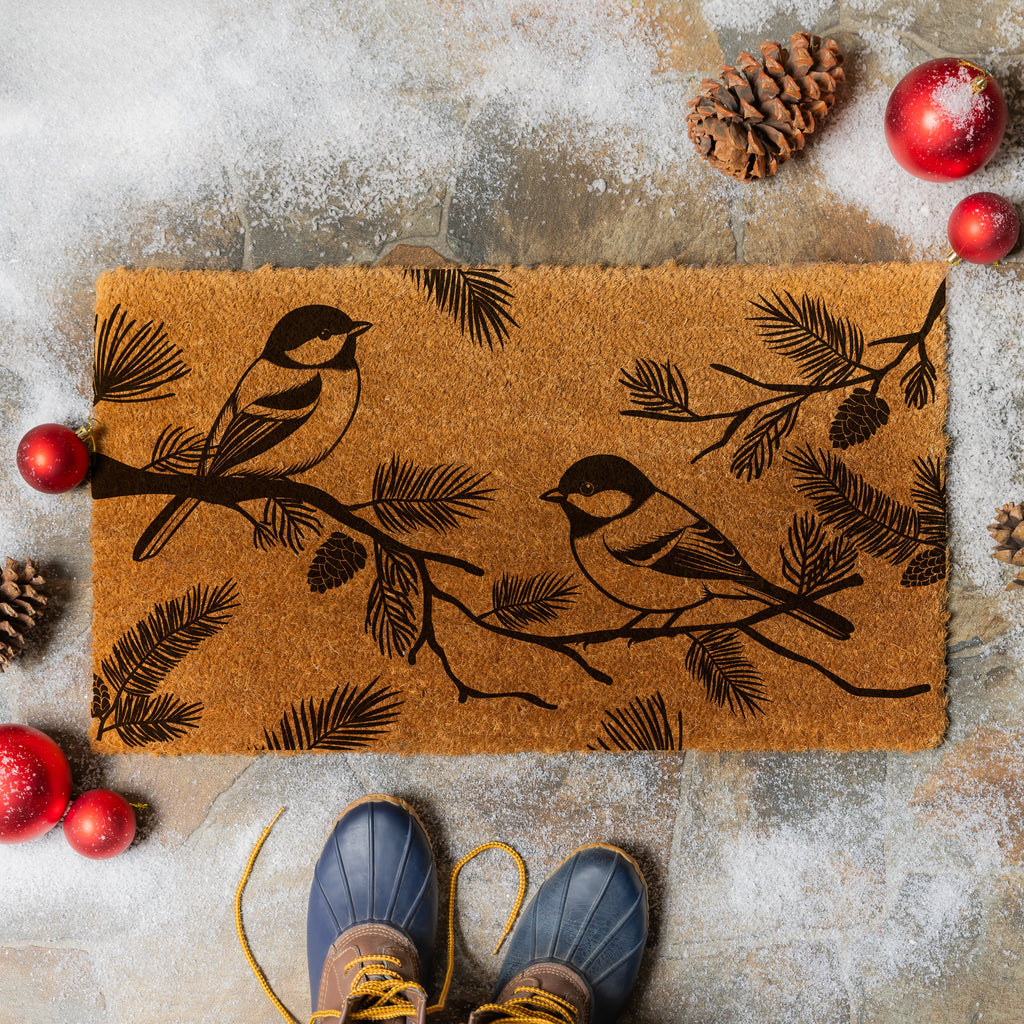 28"x16" Poinsettia & Chickadee Christmas Doormat – Festive Holiday Entrance Mat for a Warm Welcome