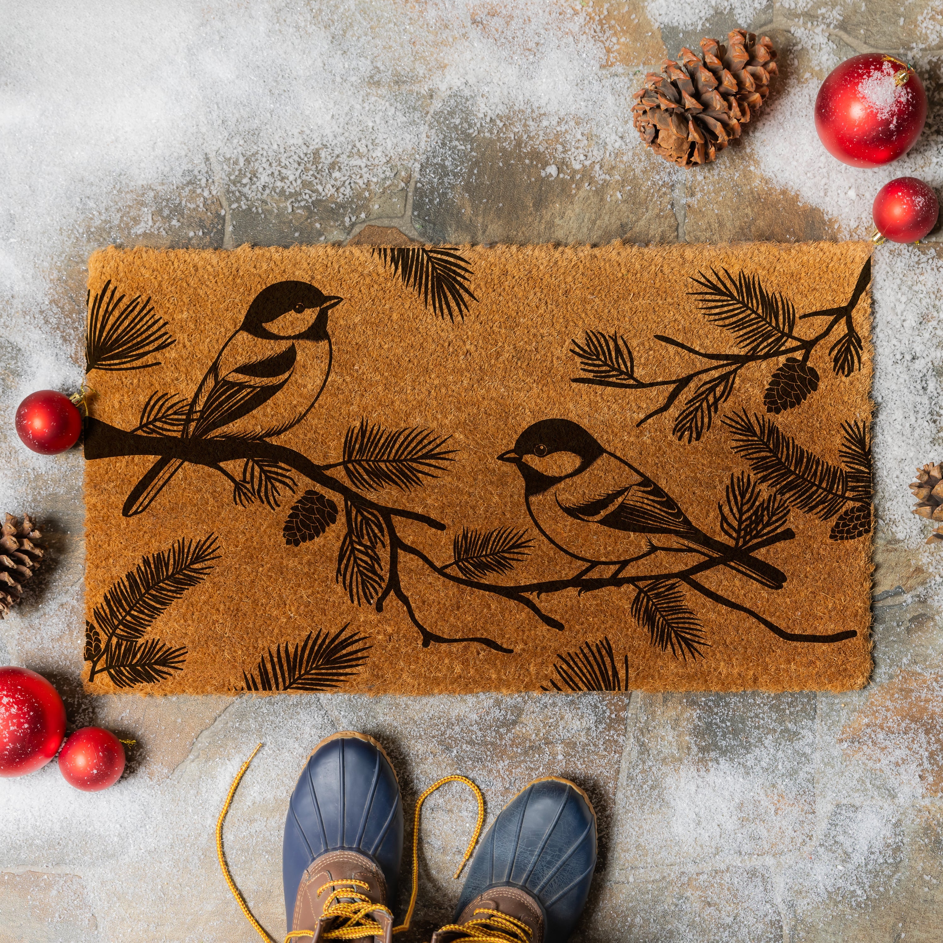 28"x16" Poinsettia & Chickadee Christmas Doormat – Festive Holiday Entrance Mat for a Warm Welcome