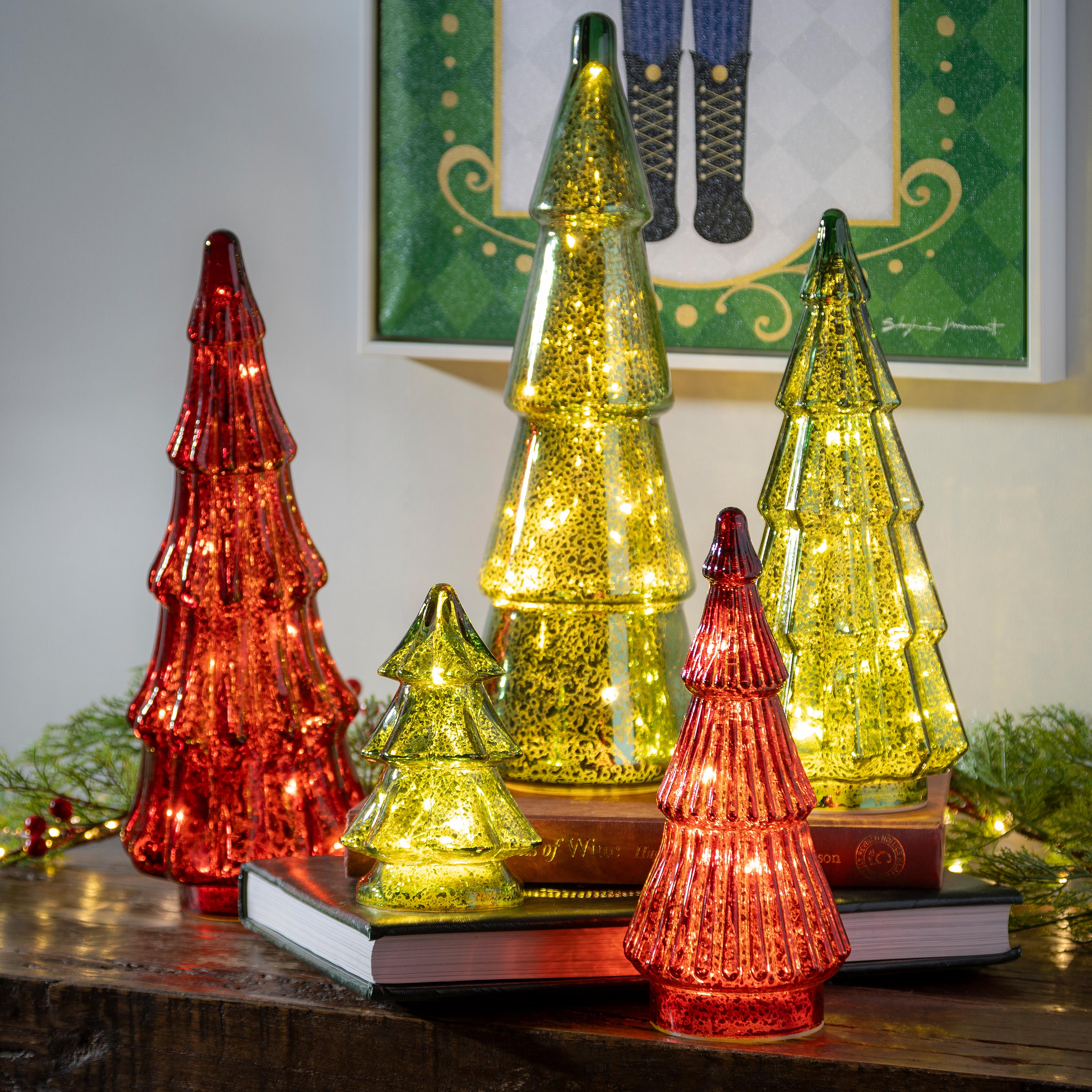 Joyful Traditions Glass Christmas Trees – Set of 5 Light-Up Green & Red Holiday Table Decorations