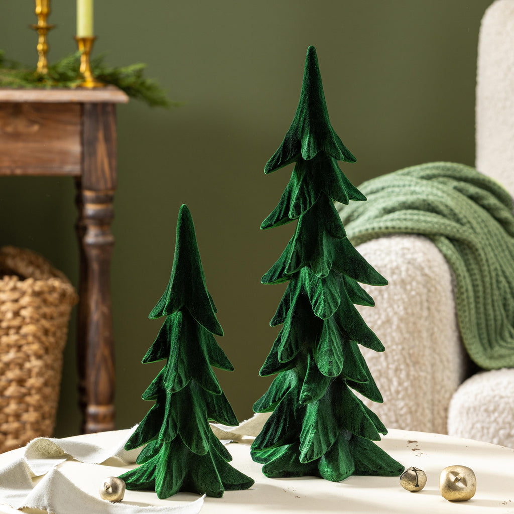 Set of Flocked Green Resin Christmas Trees – Elegant Holiday Tabletop Décor for Modern Homes