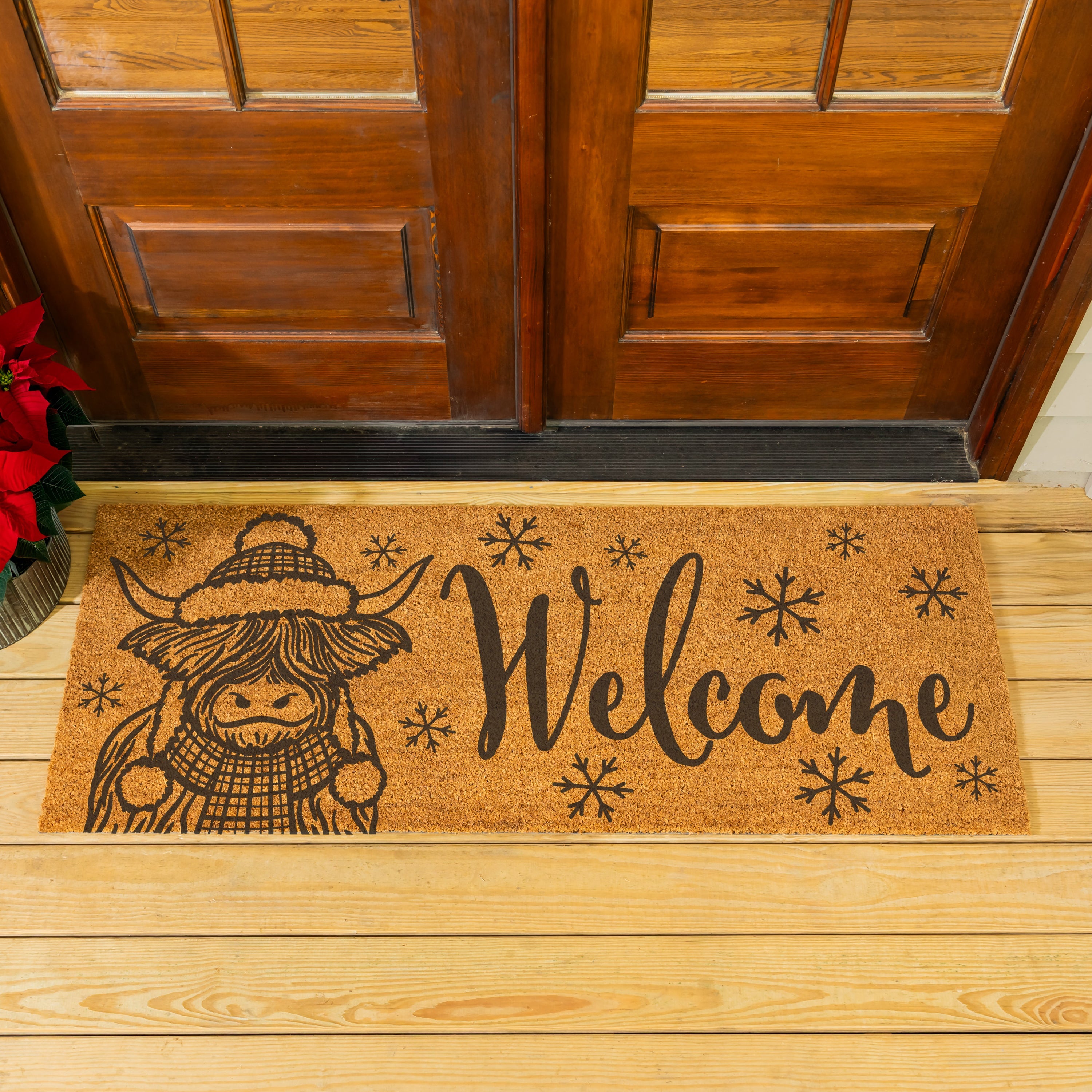 60"x 24" Highland Cow Christmas Doormat – Poinsettia “Welcome” Mat for Festive Holiday Entryway