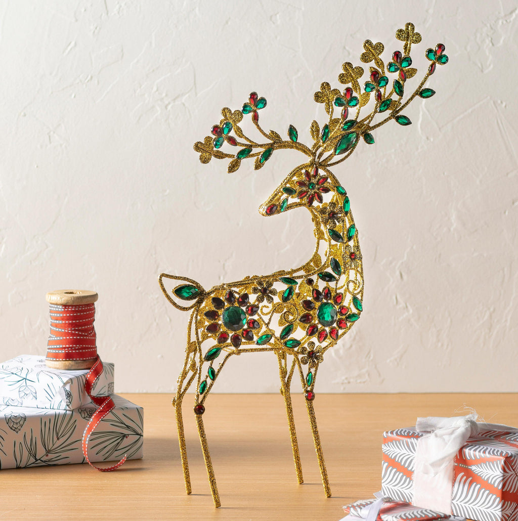 18" Golden Reindeer Christmas Statue with Sparkling Jewels – Elegant Holiday Home Decoration