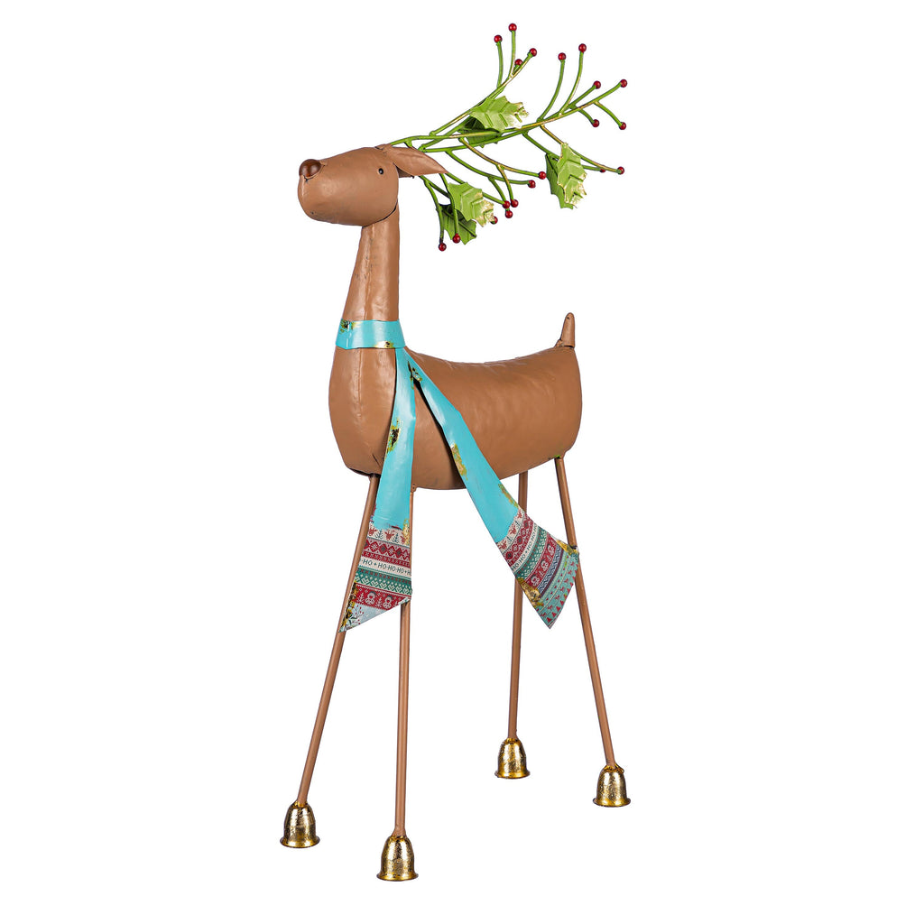 24" Metal Poinsettia Reindeer Garden Christmas Statue – Elegant Christmas Yard Decoration with Green Scarf