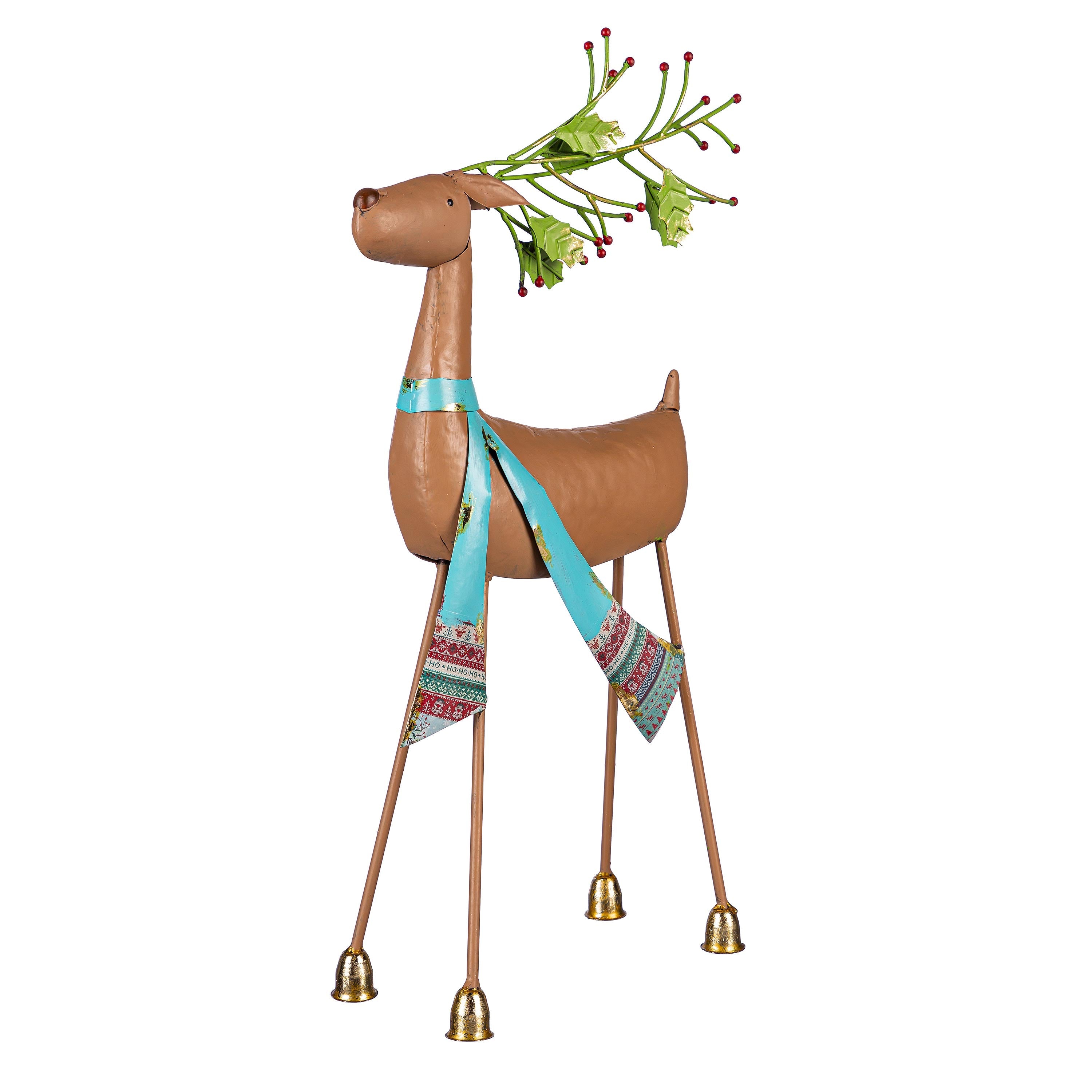 24" Metal Poinsettia Reindeer Garden Christmas Statue – Elegant Christmas Yard Decoration with Green Scarf