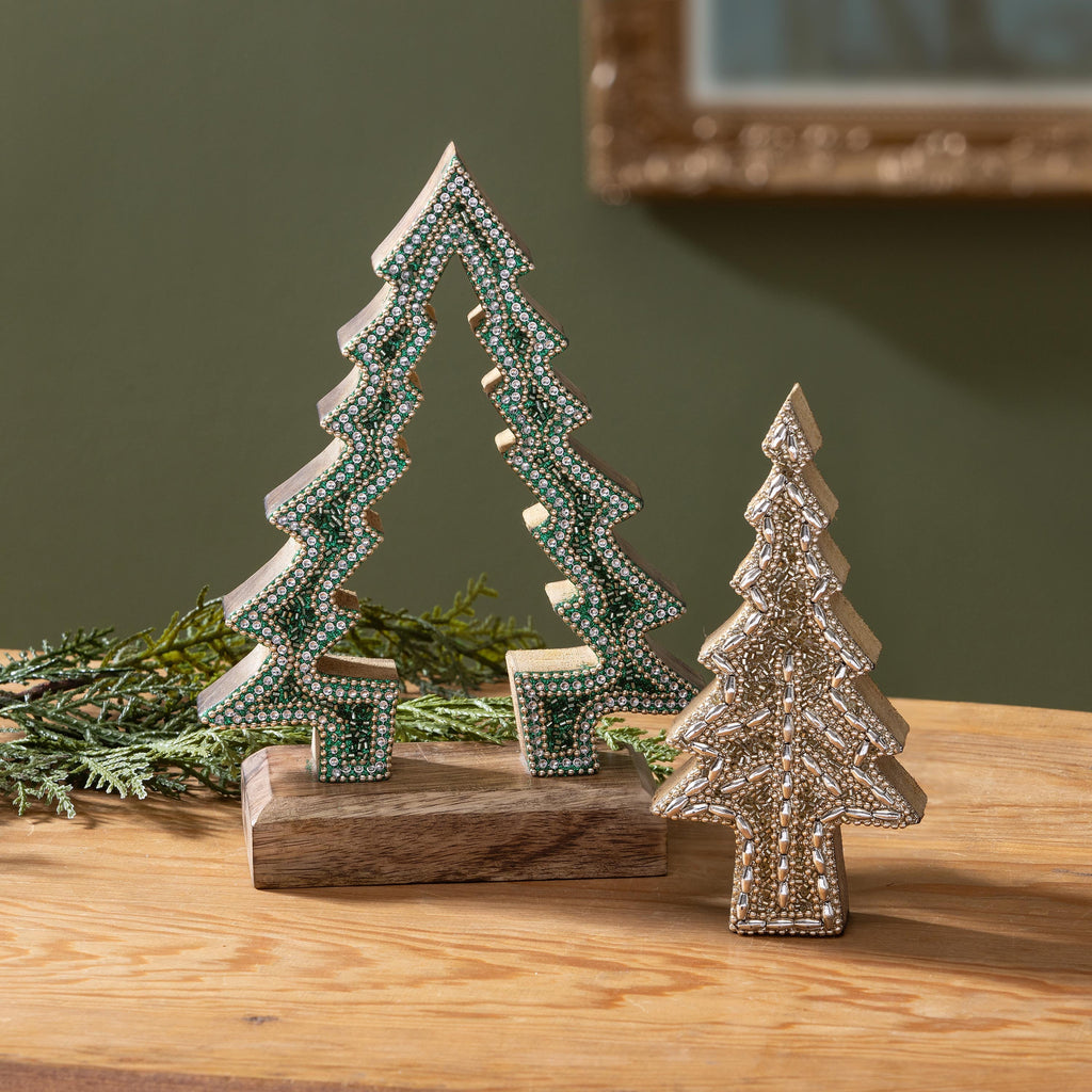 8" Wooden Bead Christmas Tree Decoration – Green Tabletop Holiday Décor for Home & Office