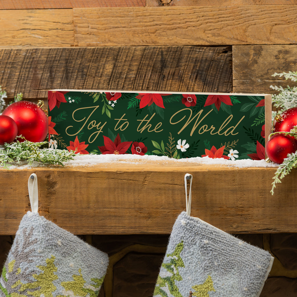 “Joy to the World” Poinsettia Mantle Sign – 18"x 5" Wooden Christmas Decoration for Festive Holiday Décor