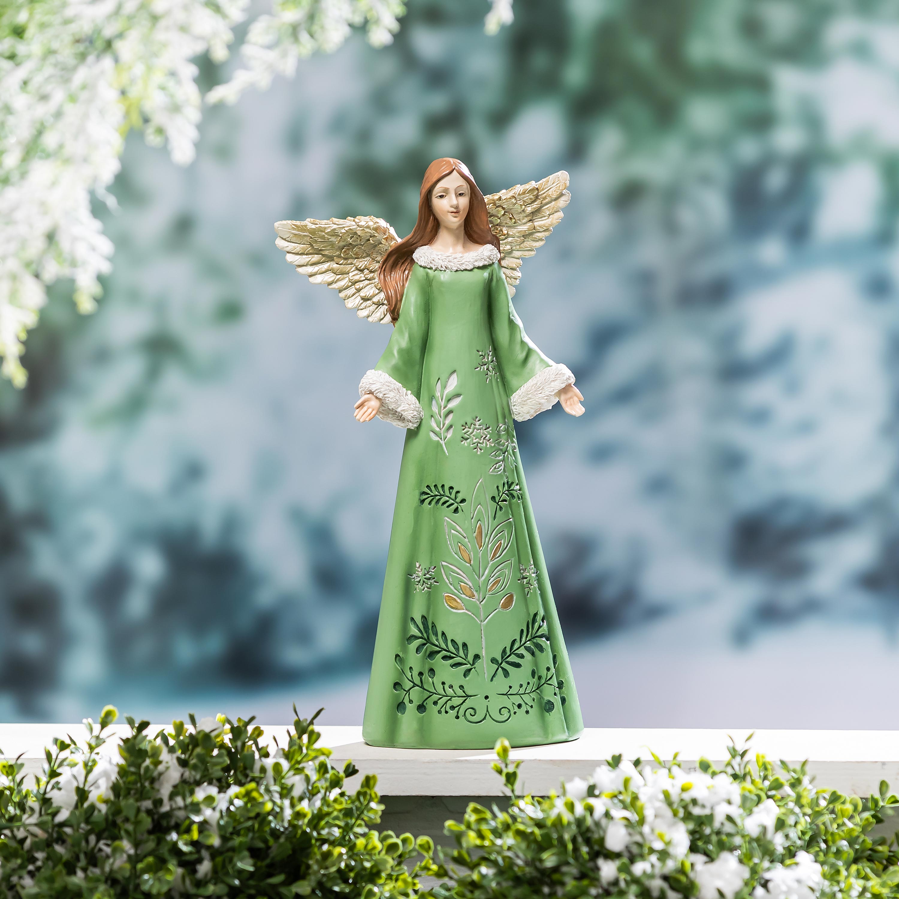 12" Resin Angel Garden Christmas Statue – Shades of Green Christmas Decoration for Indoor & Outdoor Displays