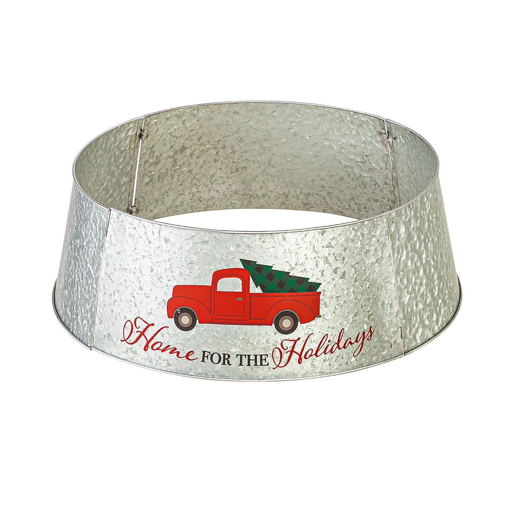 Vintage Metal Christmas Tree Collar – Farmhouse Red Truck Design for Rustic Holiday Décor