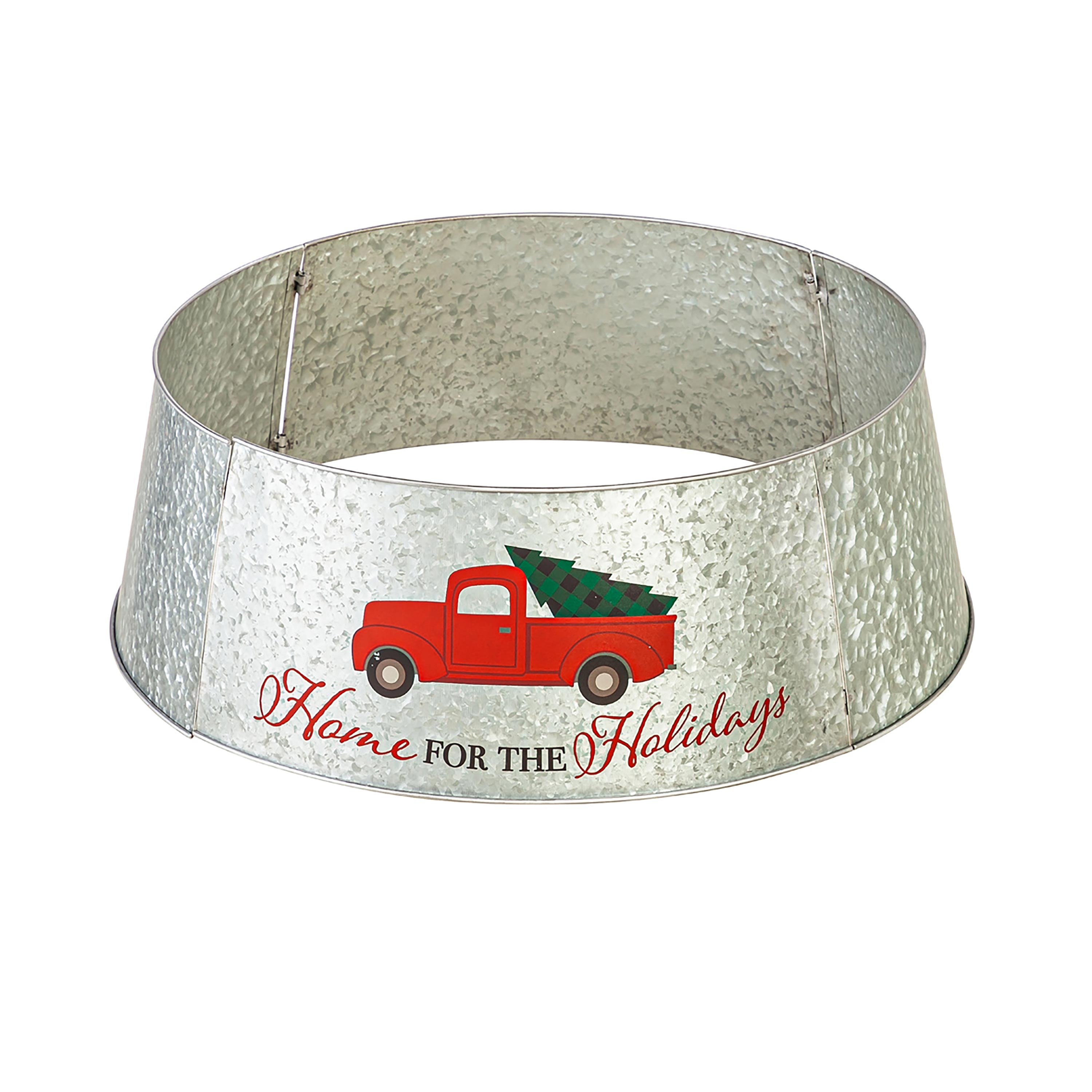 Vintage Metal Christmas Tree Collar – Farmhouse Red Truck Design for Rustic Holiday Décor