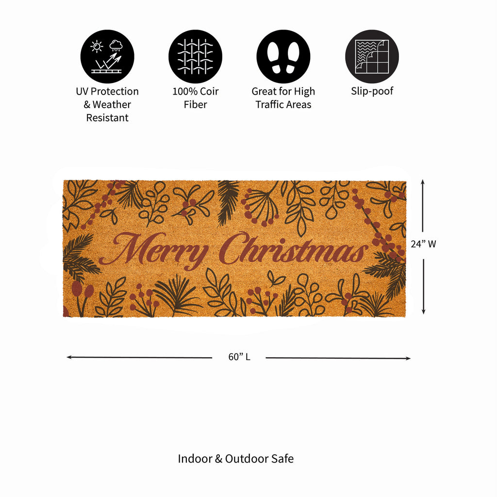 60"x 24" “Merry Christmas” Doormat – Festive Foliage Entry Mat for Holiday Home Décor