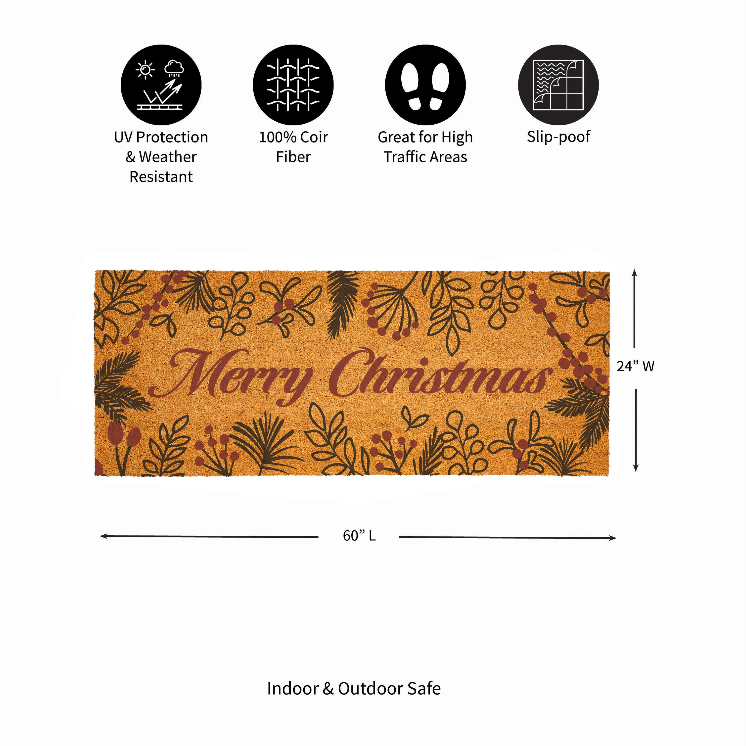60"x 24" “Merry Christmas” Doormat – Festive Foliage Entry Mat for Holiday Home Décor
