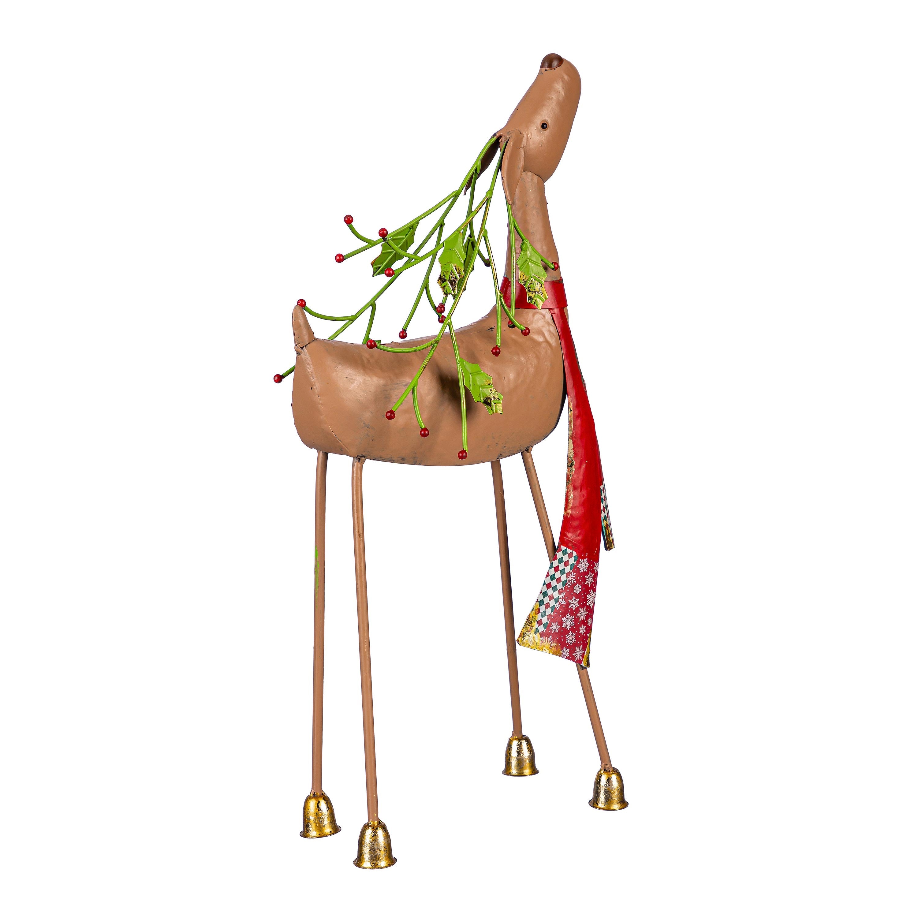 22" Poinsettia Reindeer Garden Christmas Statue with Red Scarf – Decorative Christmas Yard & Home Décor