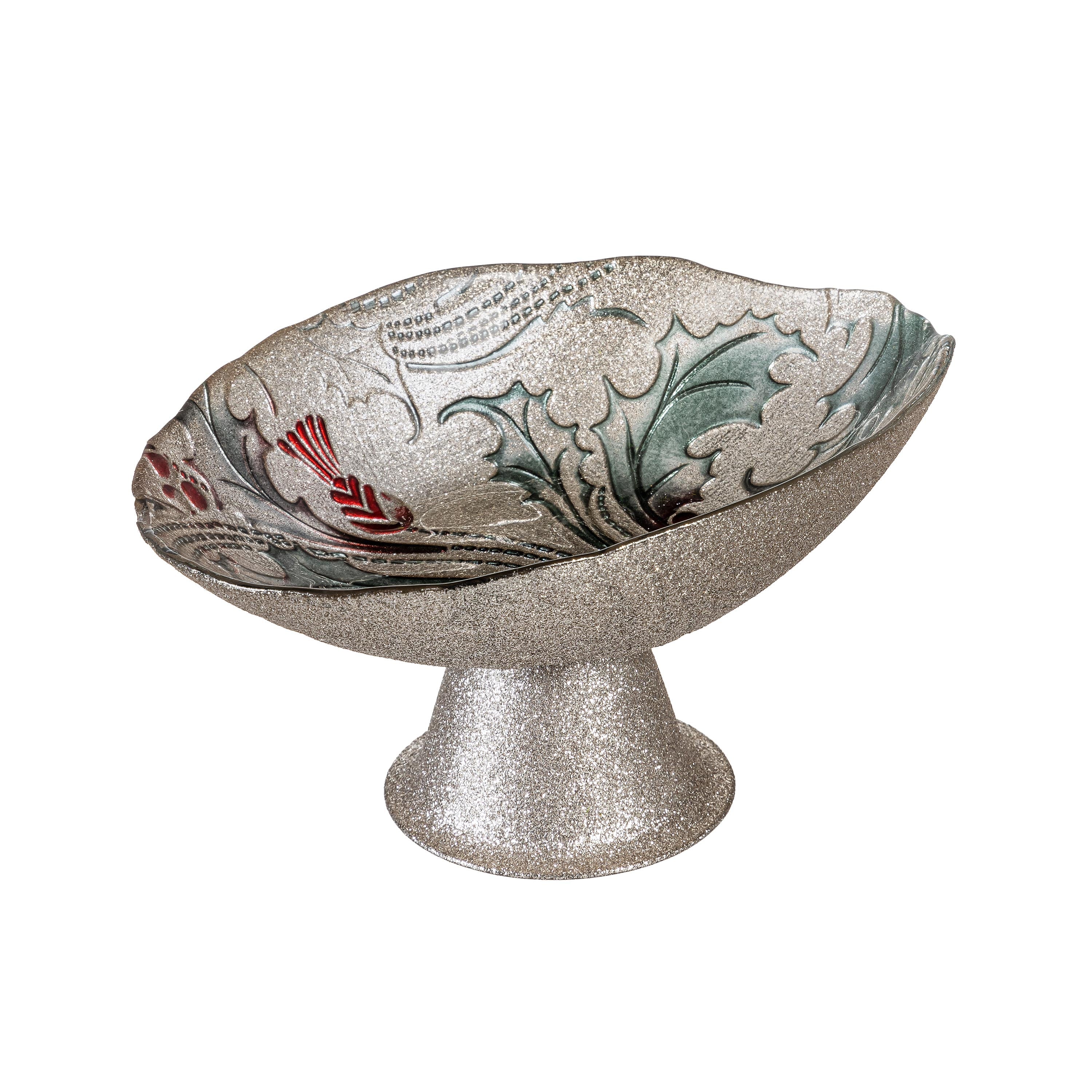 8.25" Festive Traditions Holly & Berry Glass Bowl – Footed Christmas Serving Dish for Holiday Table Décor