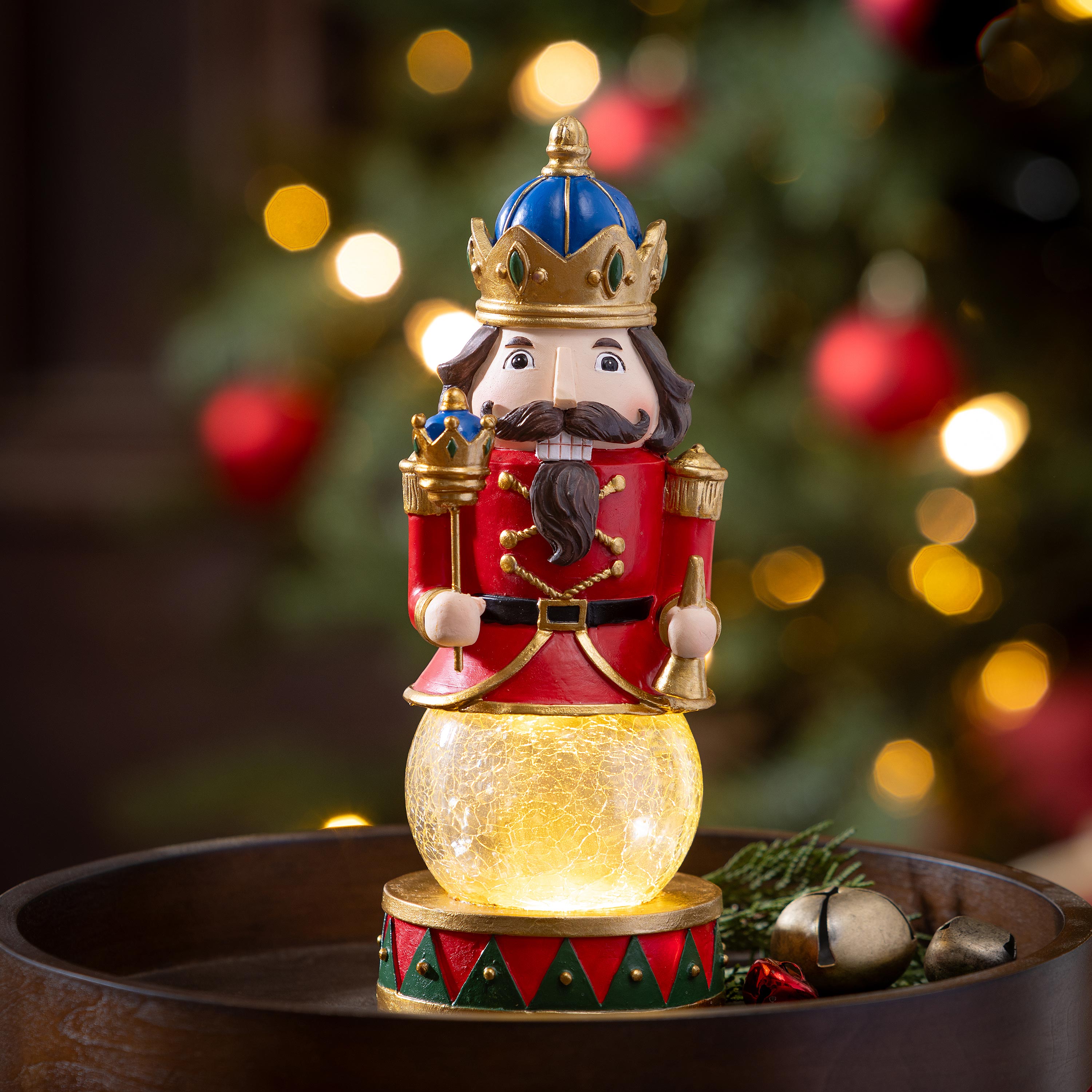 9.25" LED Nutcracker Table Decor – Joyful Traditions Crackle Glass Globe Christmas Decoration