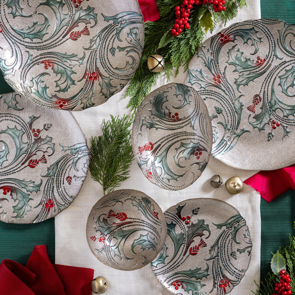 8.25" Festive Traditions Holly & Berry Glass Bowl – Footed Christmas Serving Dish for Holiday Table Décor