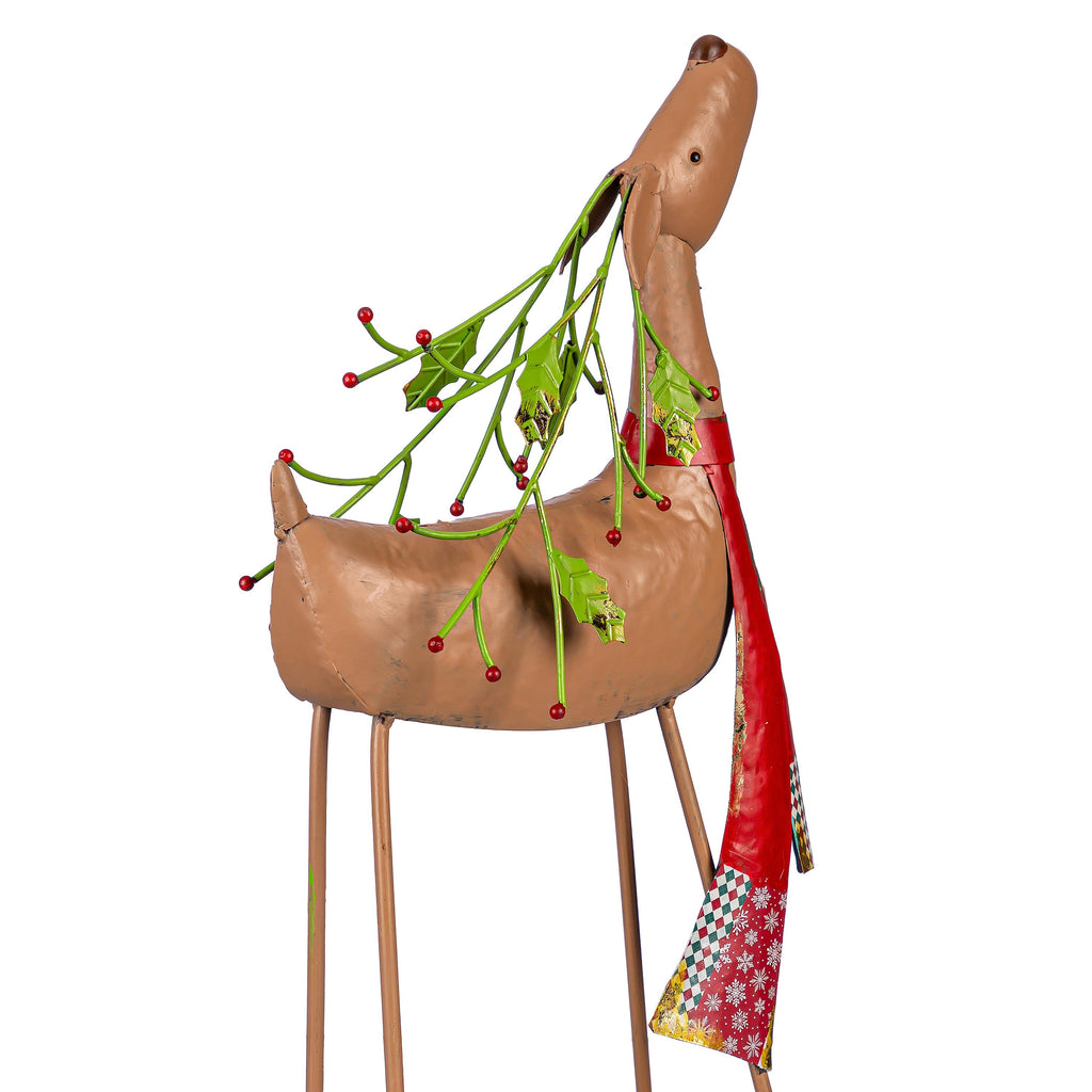 22" Poinsettia Reindeer Garden Christmas Statue with Red Scarf – Decorative Christmas Yard & Home Décor