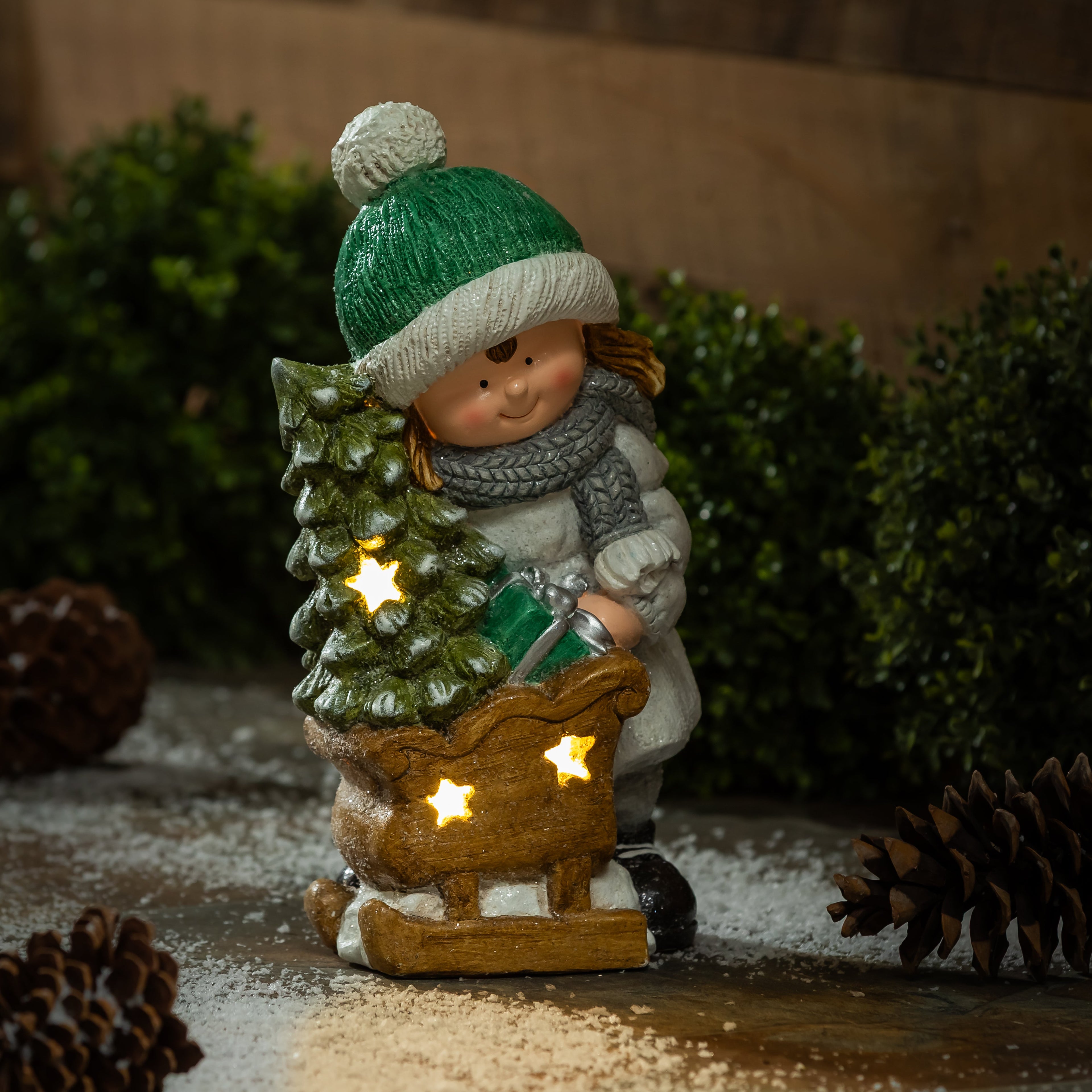 Set of 2 " Kids Holding Christmas Tree" LED Christmas Statue – Lighted Holiday Figurines for Festive Home Decor