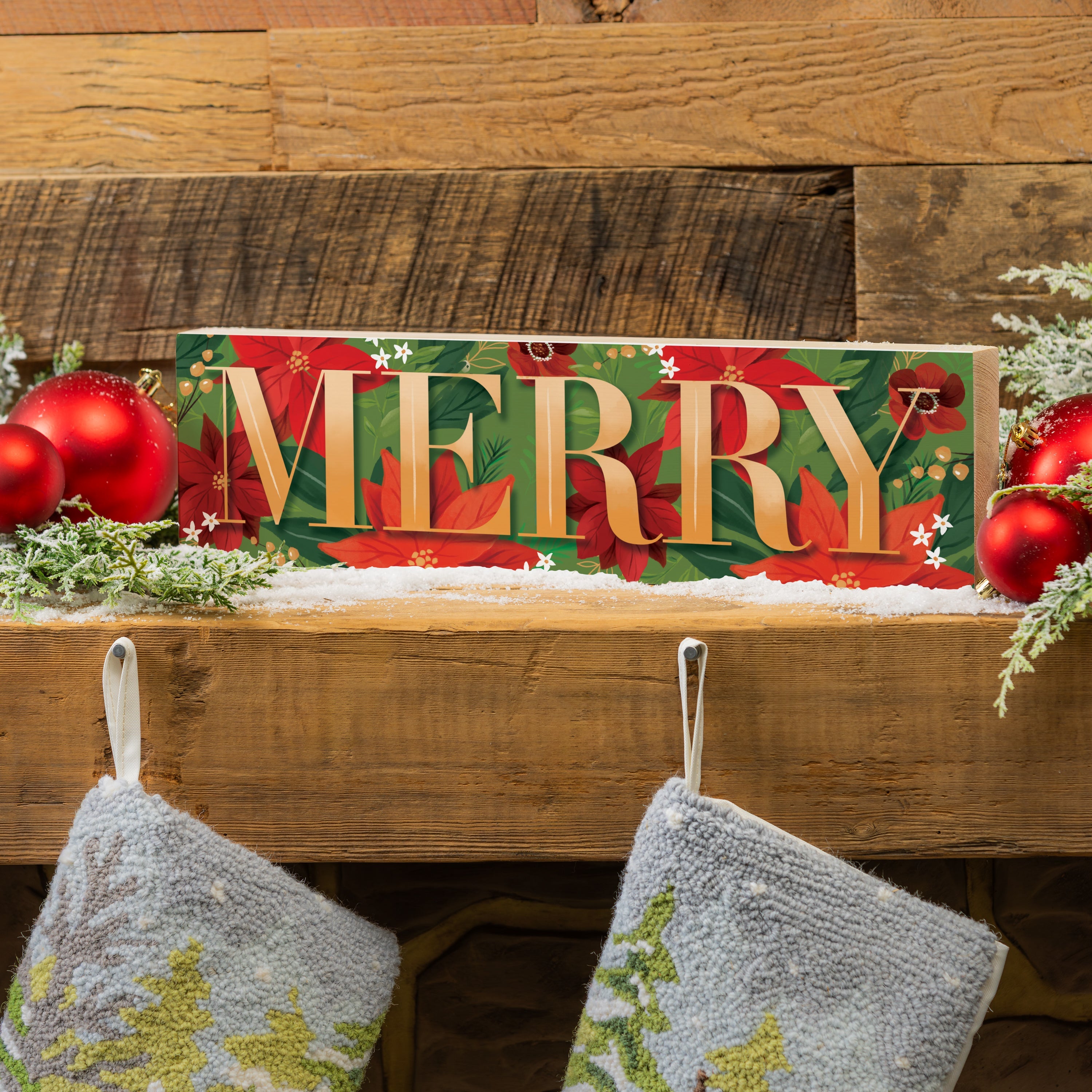 “Merry” Poinsettia Mantle Sign – 18x5” Wooden Christmas Decoration for Festive Home Décor