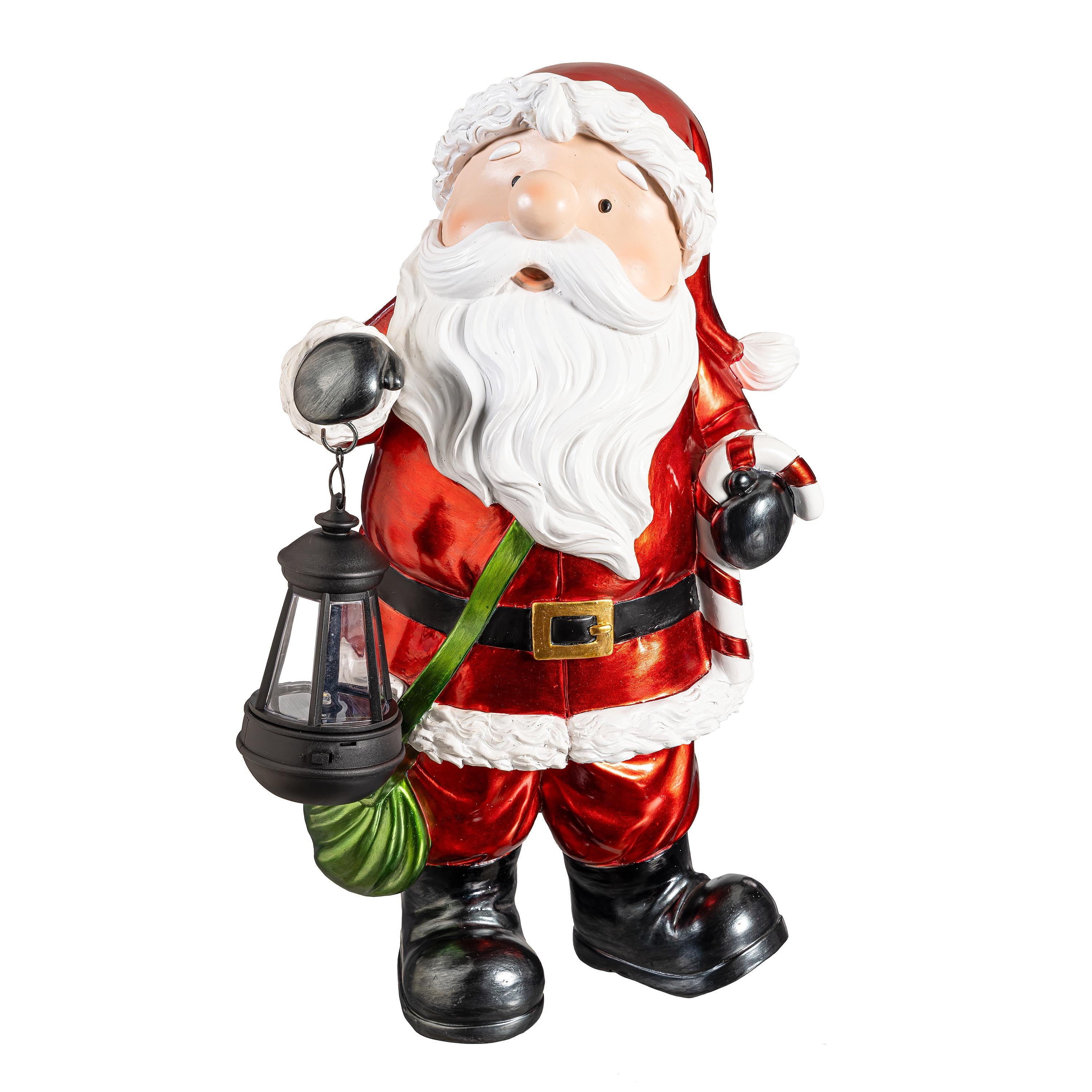 18" Retro Resin Santa Garden Christmas Statue with LED Lantern – Vintage Lighted Christmas Decoration