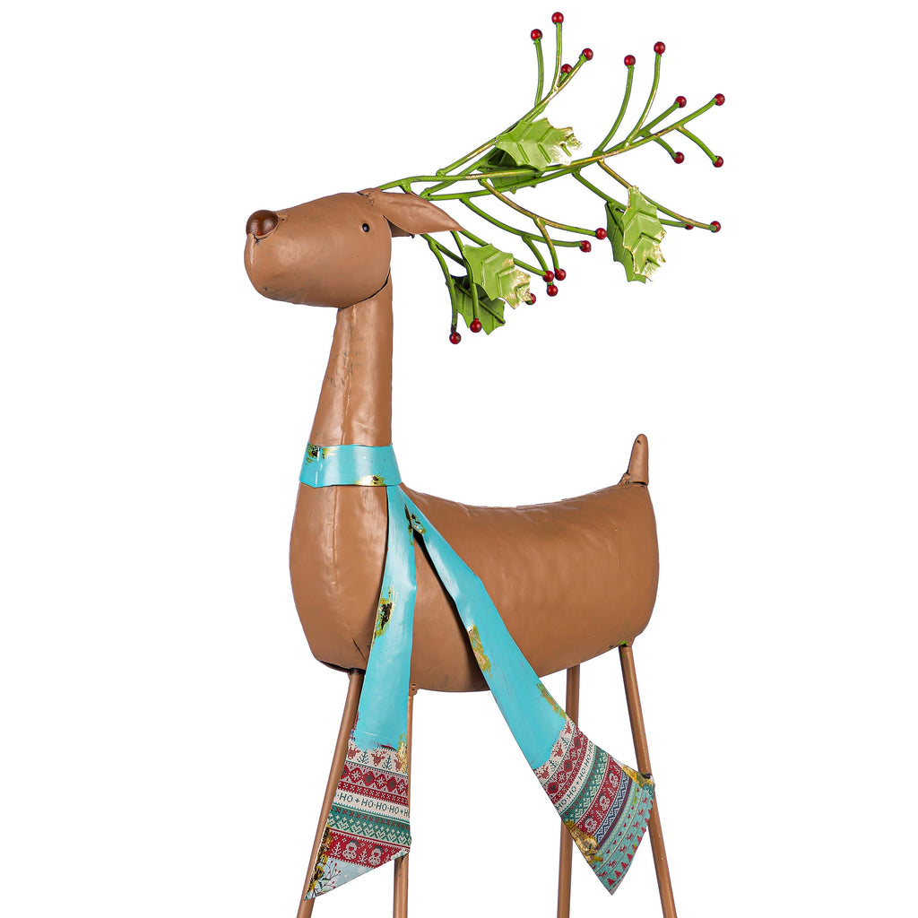24" Metal Poinsettia Reindeer Garden Christmas Statue – Elegant Christmas Yard Decoration with Green Scarf