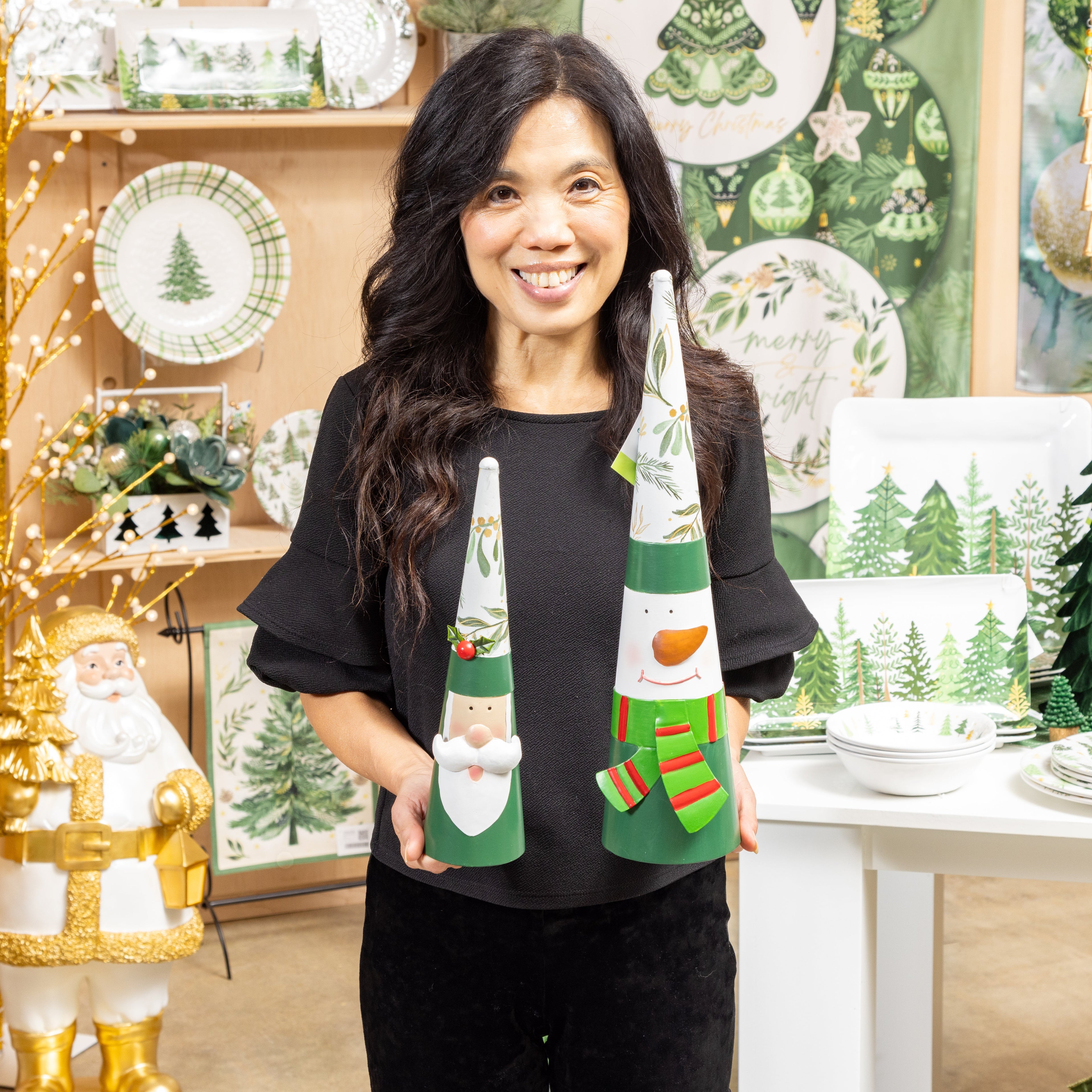 Set of 2 Metal Santa & Snowman Garden Christmas Statues – 25" Green Christmas Yard Decorations