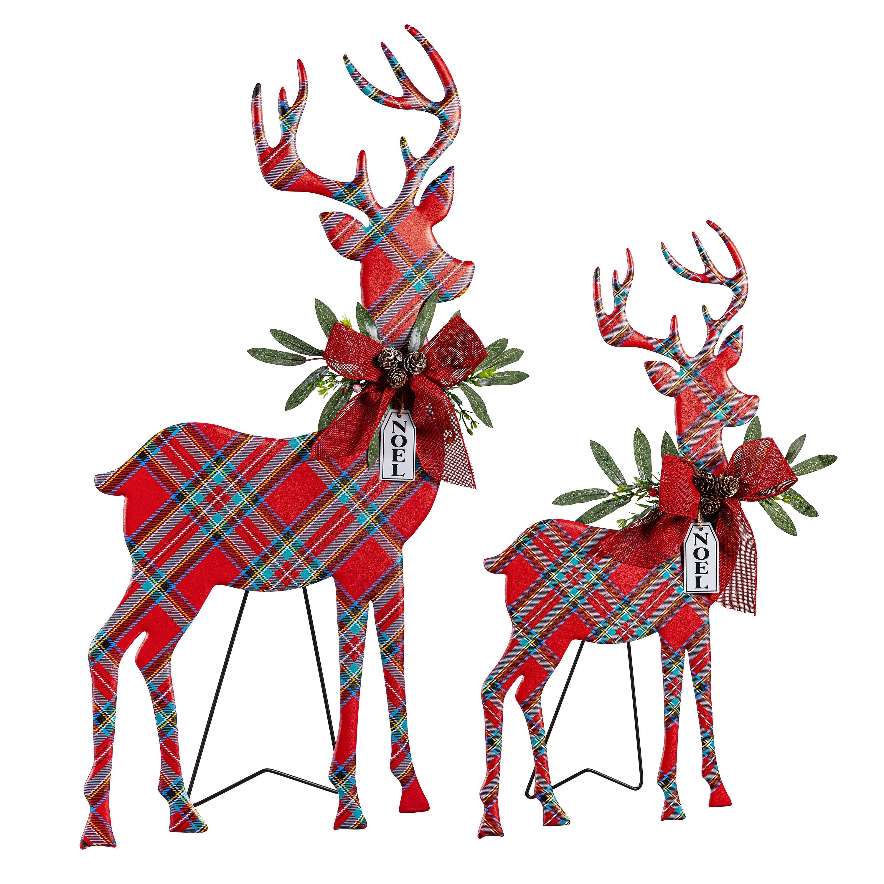 Set of 2 Metal Poinsettia Reindeer Garden Christmas Statues – 32" Lighted Christmas Yard Decorations
