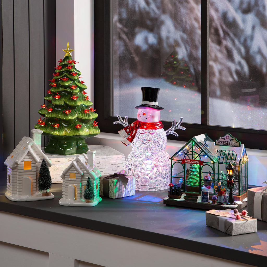 Set of 2 Light-Up Christmas Houses with Bottle Brush Trees – Modern Holiday Tabletop Decorations