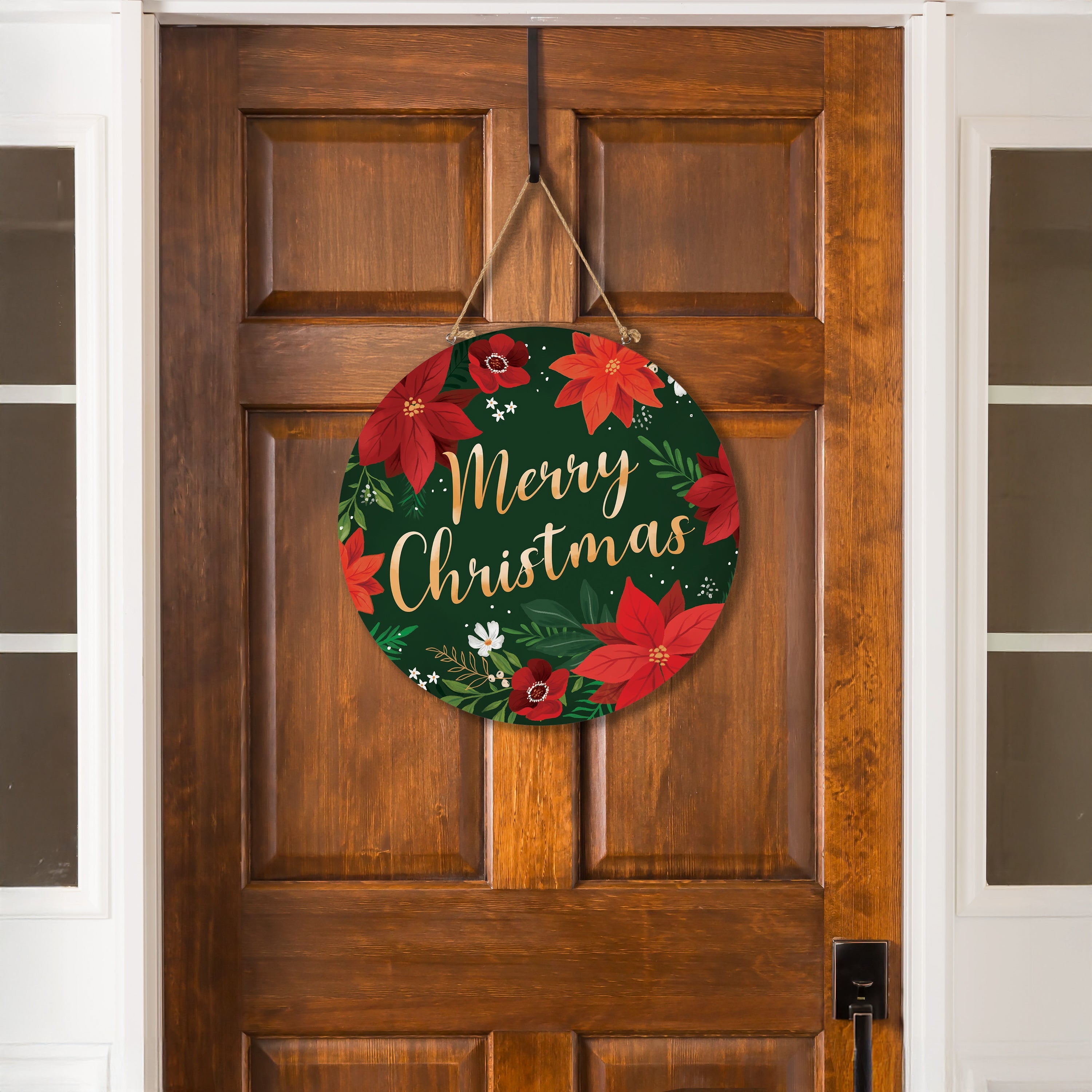 18" Wooden “Merry Christmas” Door Sign – Poinsettia Holiday Decoration for Front Door