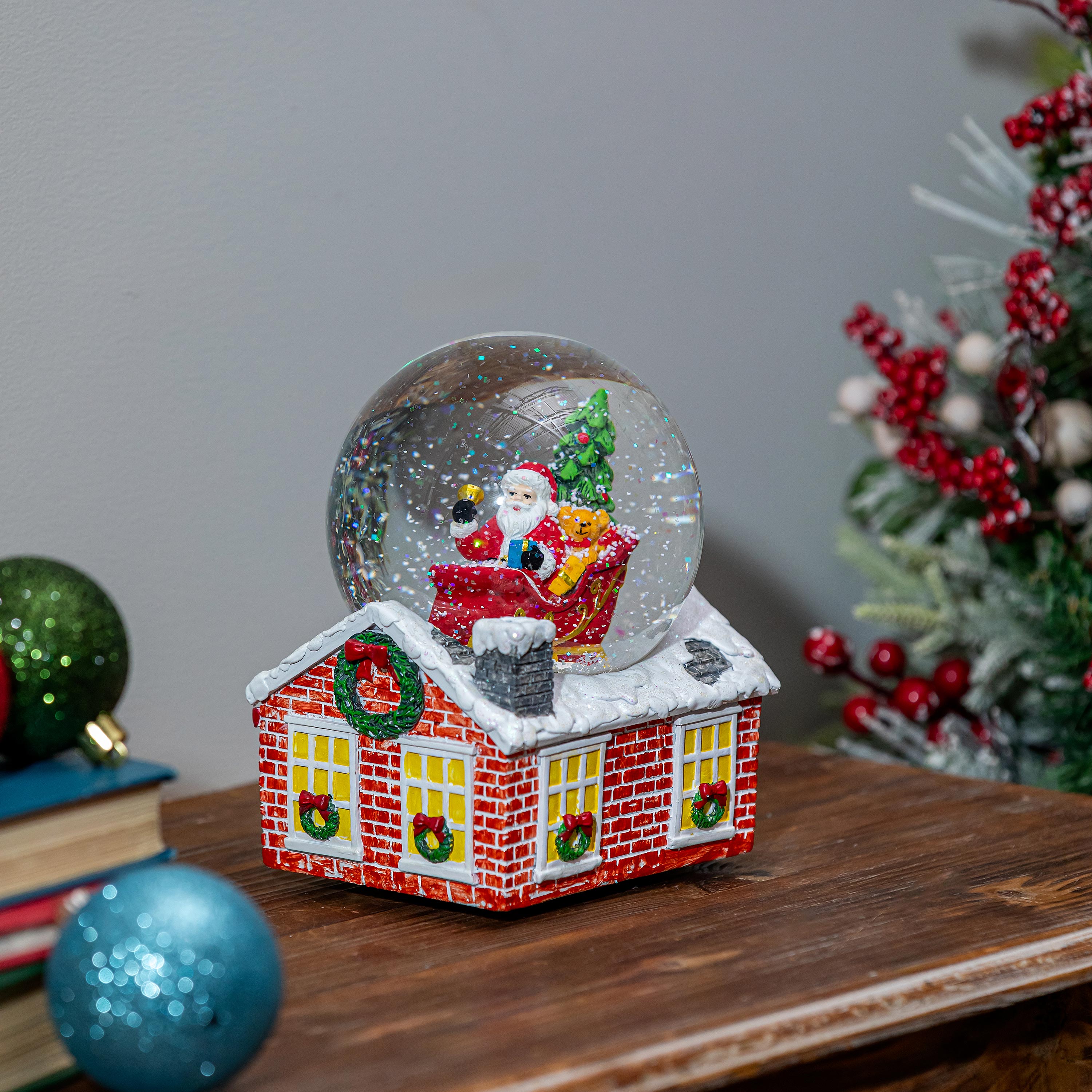 7.25" Santa & Reindeer Water Globe – Resin Christmas Snow Globe with House Base for Festive Décor