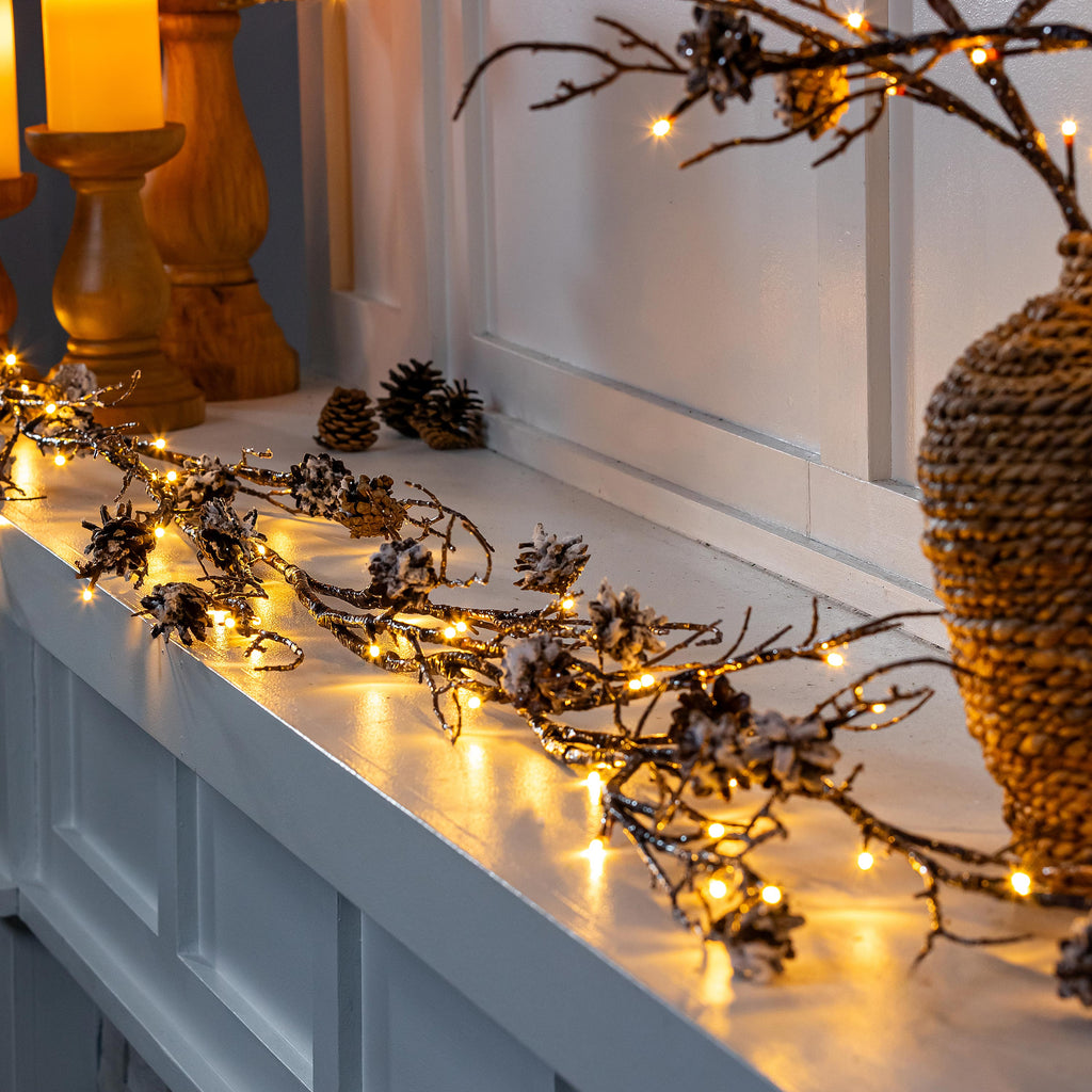 72" Woodland LED Christmas Garland – Frosted Pinecones & Fairy Lights for Rustic Holiday Décor