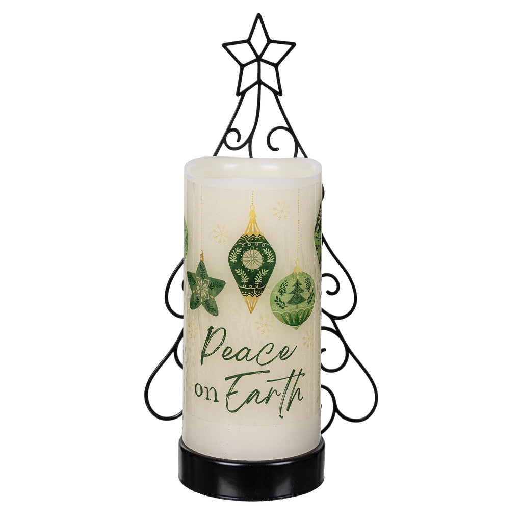 Green LED Candle with Metal Holder – Realistic Wax Flame Effect Christmas Table Decoration