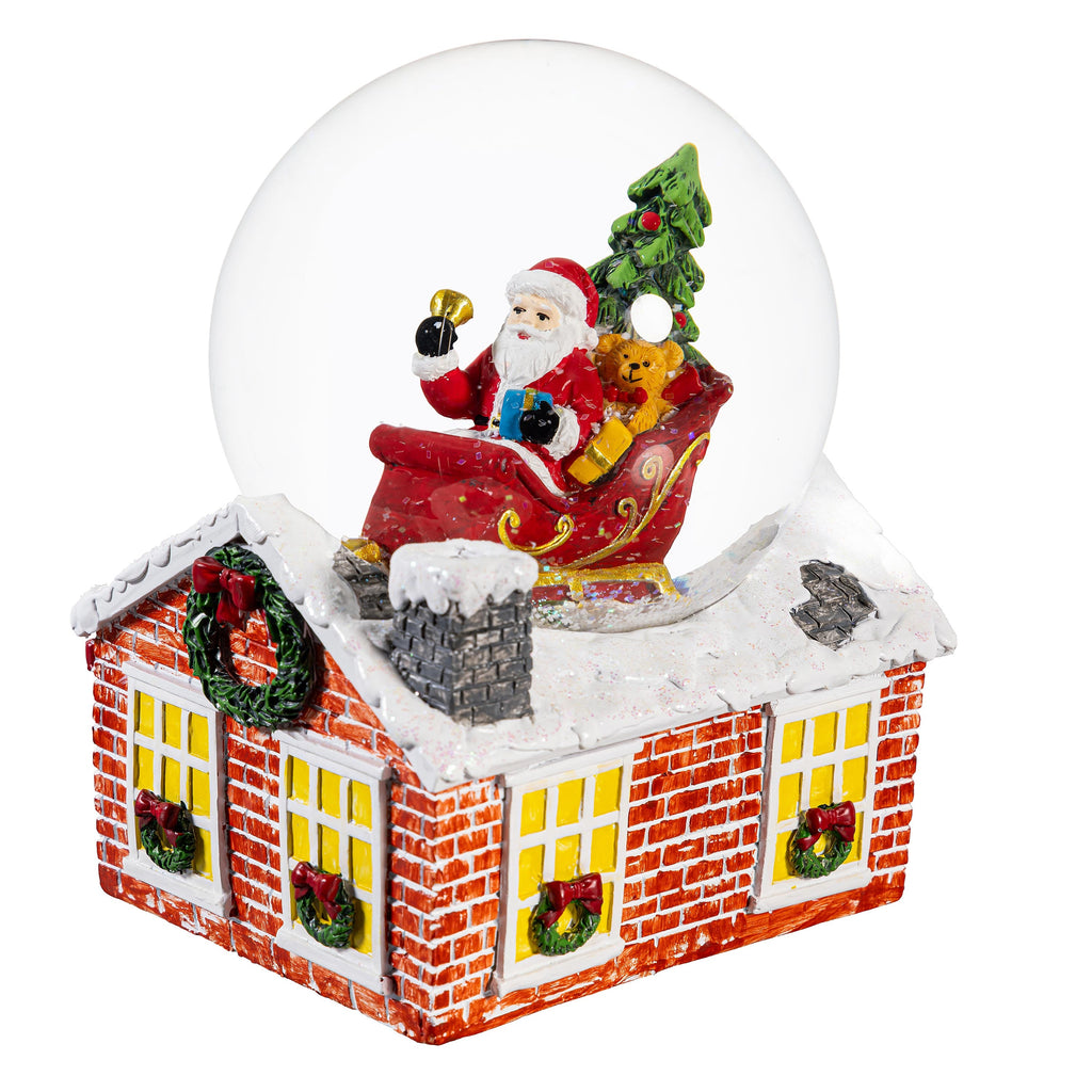 7.25" Santa & Reindeer Water Globe – Resin Christmas Snow Globe with House Base for Festive Décor