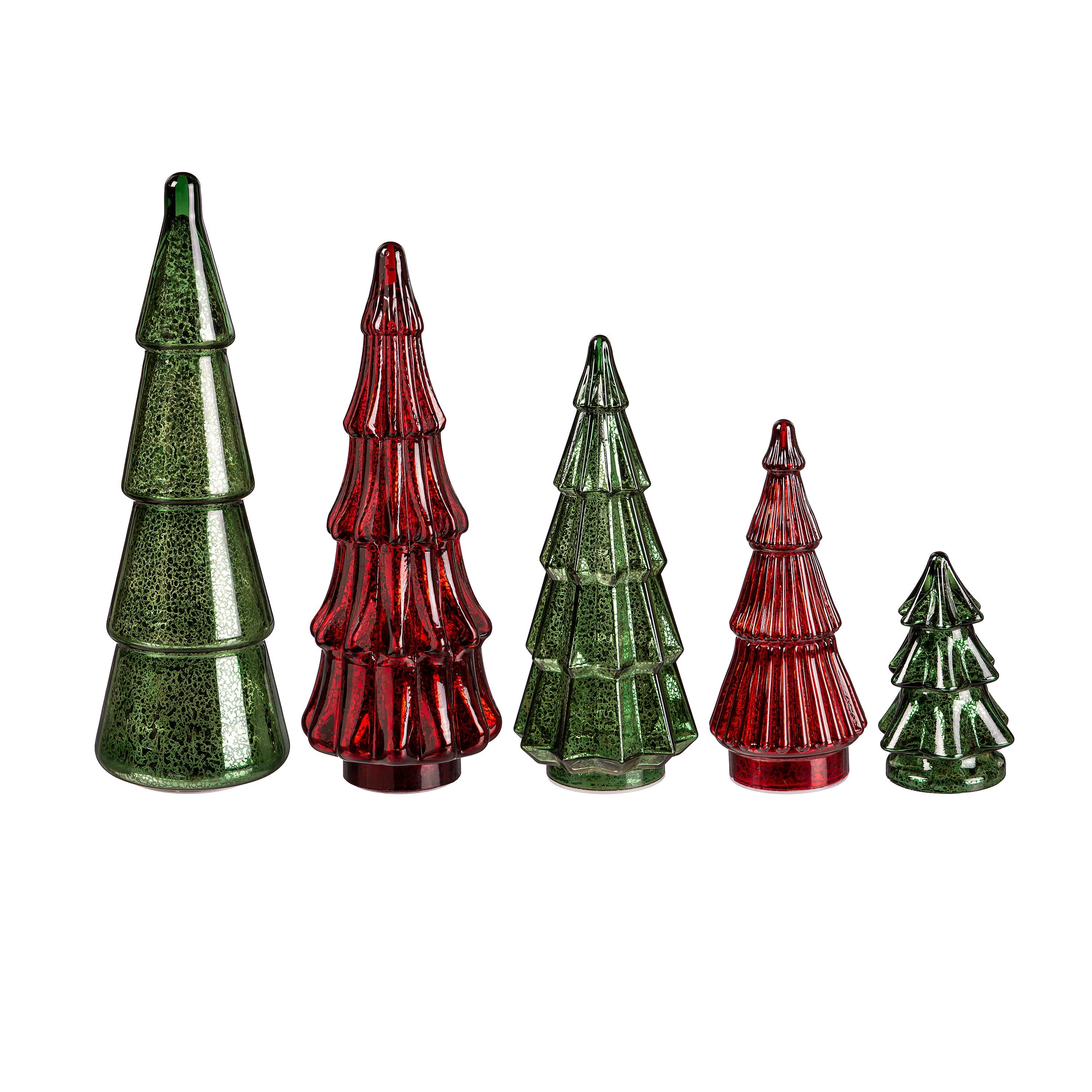 Joyful Traditions Glass Christmas Trees – Set of 5 Light-Up Green & Red Holiday Table Decorations