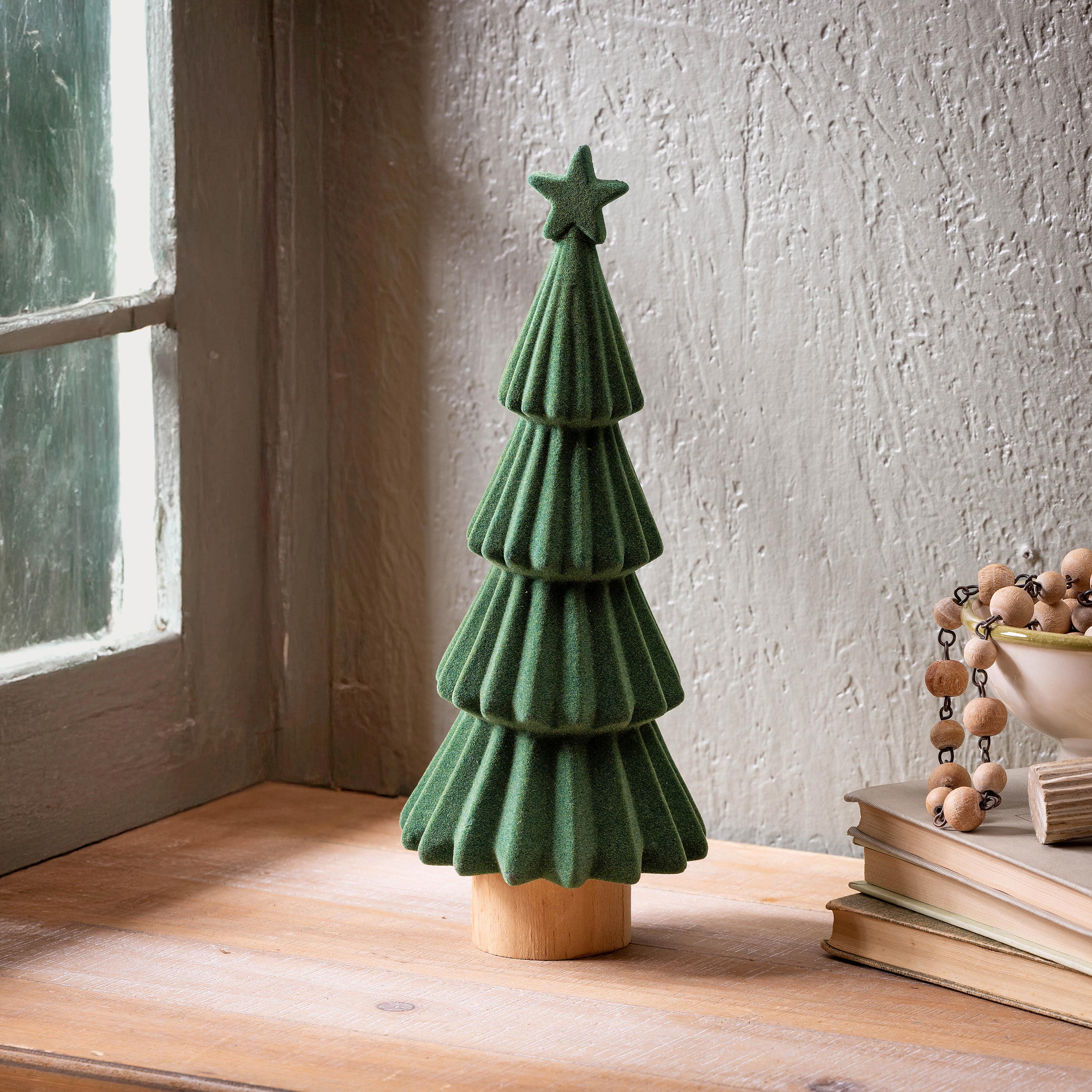 11.75" Dark Green Ceramic & Wood Christmas Tree – Elegant Tabletop Holiday Decoration