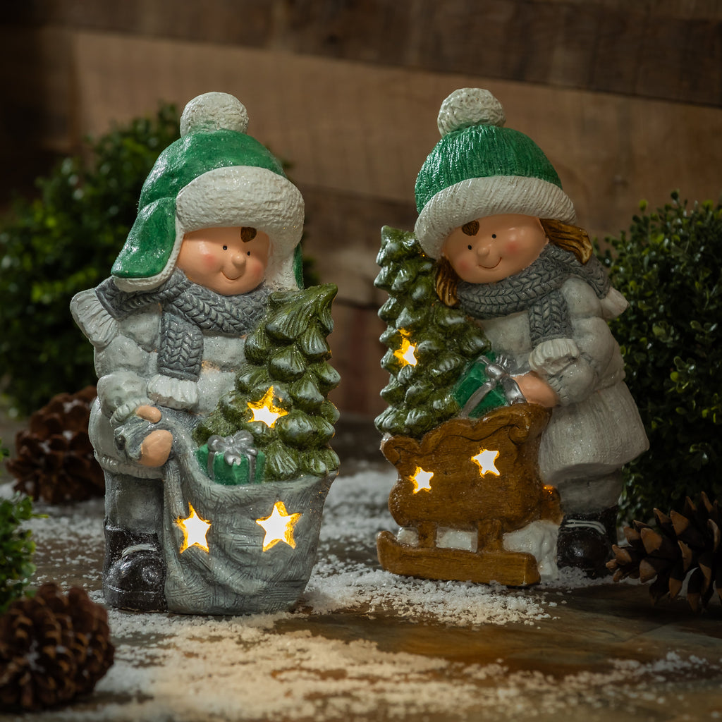 Set of 2 " Kids Holding Christmas Tree" LED Christmas Statue – Lighted Holiday Figurines for Festive Home Decor