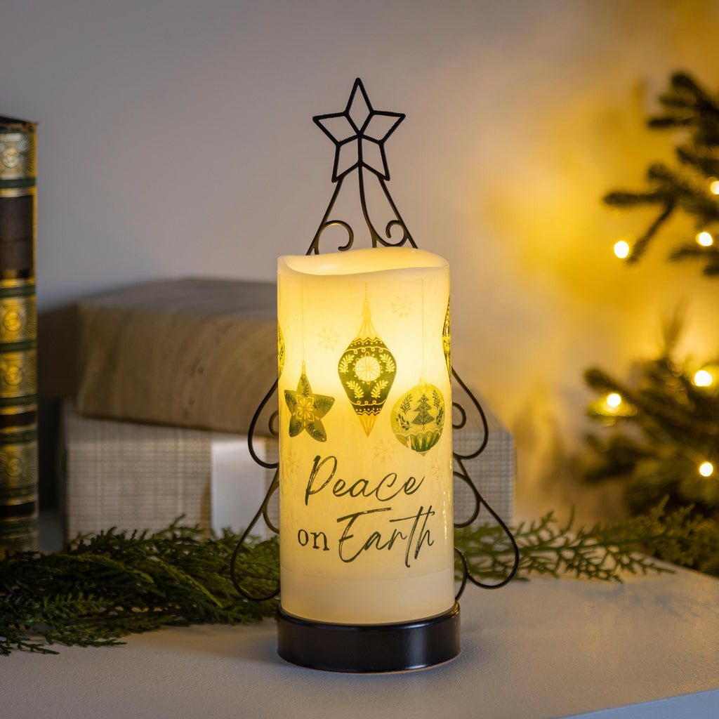 Green LED Candle with Metal Holder – Realistic Wax Flame Effect Christmas Table Decoration