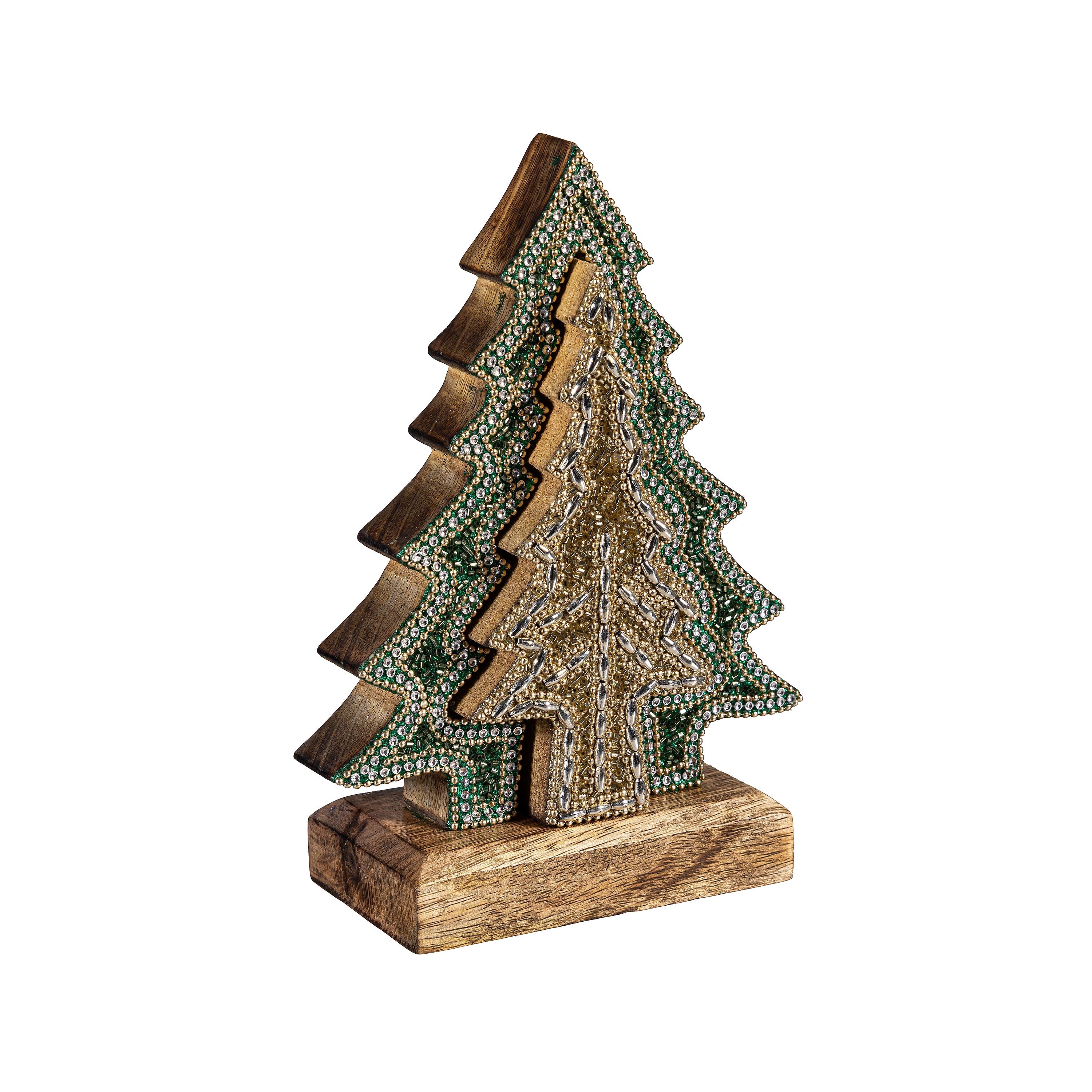 8" Wooden Bead Christmas Tree Decoration – Green Tabletop Holiday Décor for Home & Office