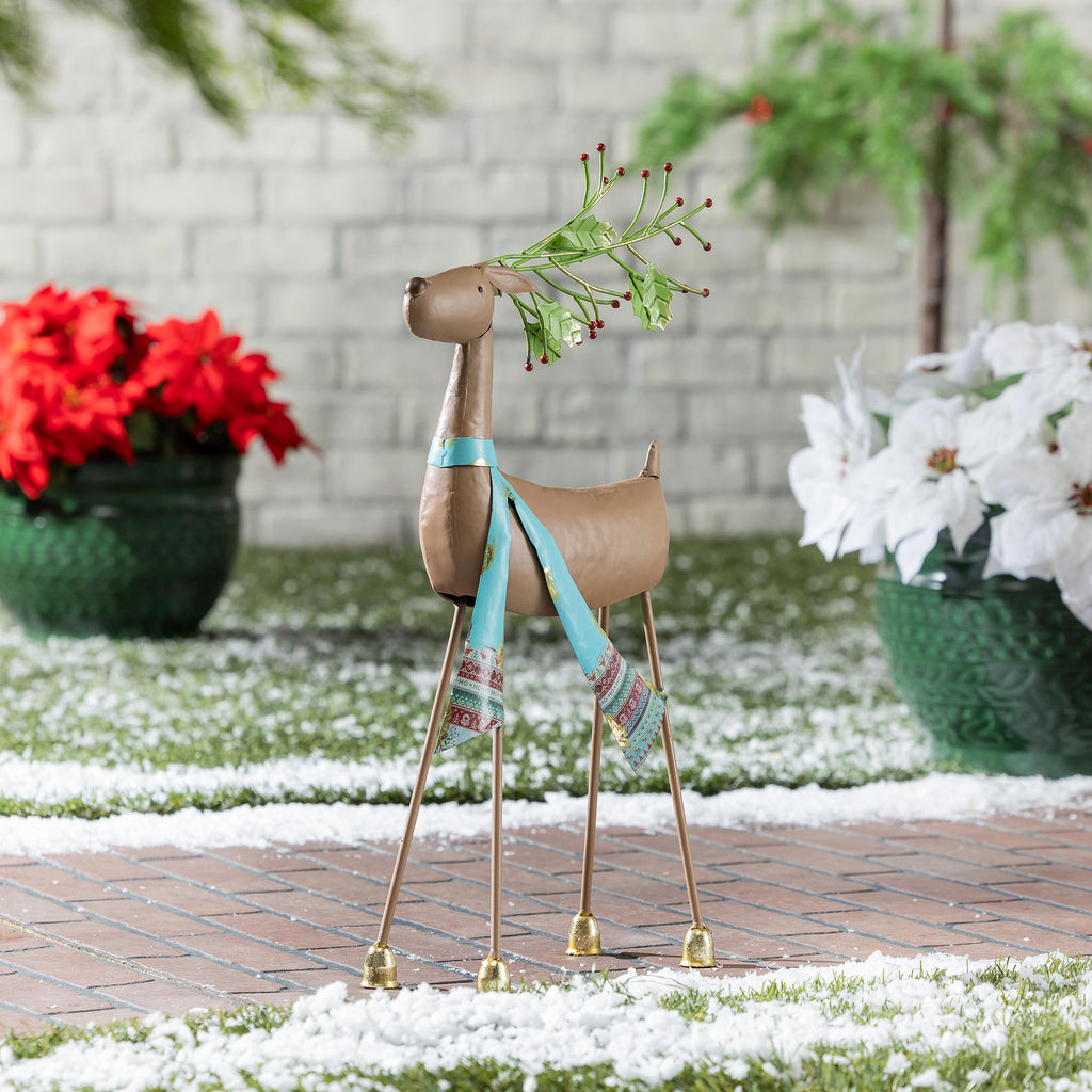 24" Metal Poinsettia Reindeer Garden Christmas Statue – Elegant Christmas Yard Decoration with Green Scarf